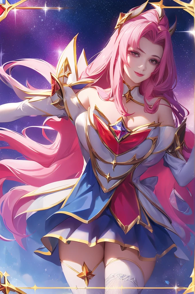 (Alone, 1 girl), (absurd res, A high resolution, offical wallpaper, poster for), (tmasterpiece, Best quality at best:1.2), (illustratio, actual), (Perfect details, The most detailed, extremely detaile), Dramatic light, As estrelasguardiankaisa, (with pink hair, long whitr hair, Permanent) (White stockings, gloves on the elbow, whitegloves, As estrelas guardian \(league of legend\), hair adornments, As estrelas hair adornments, As estrelas \(symbol\), choker necklace), ((underdressing), (Printing文胸), (Printing)), (As estrelasry sky, the night, Colorful sky, cityscape, 城市, city lights), (As estrelas-shaped pupils, lusty  smile, Be red in the face)