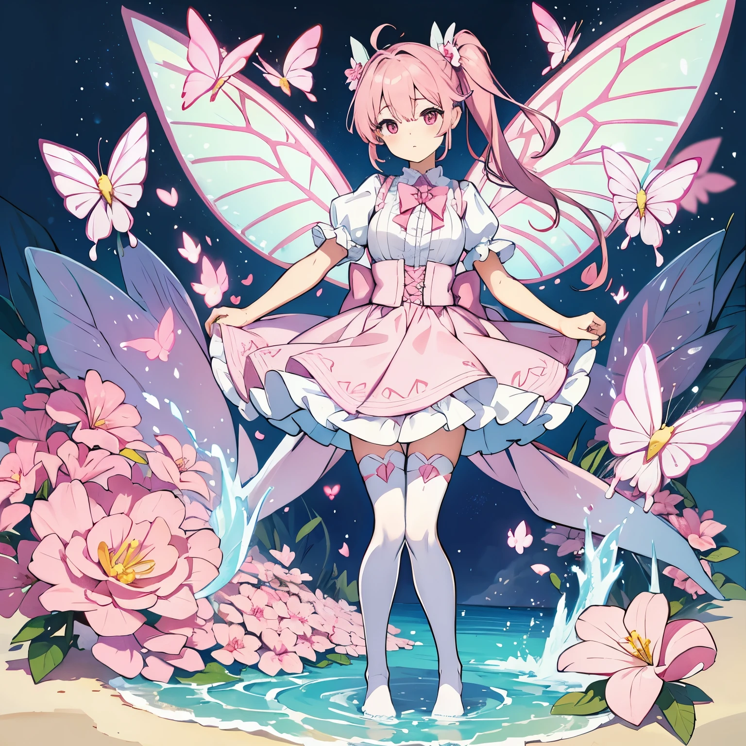 little flower fairy,Pink double ponytail,Plum hairpin,Bow knot,Cute big breasts,White over-the-knee stockings,No shoes,Huge four-winged pink butterfly behind wingairytale