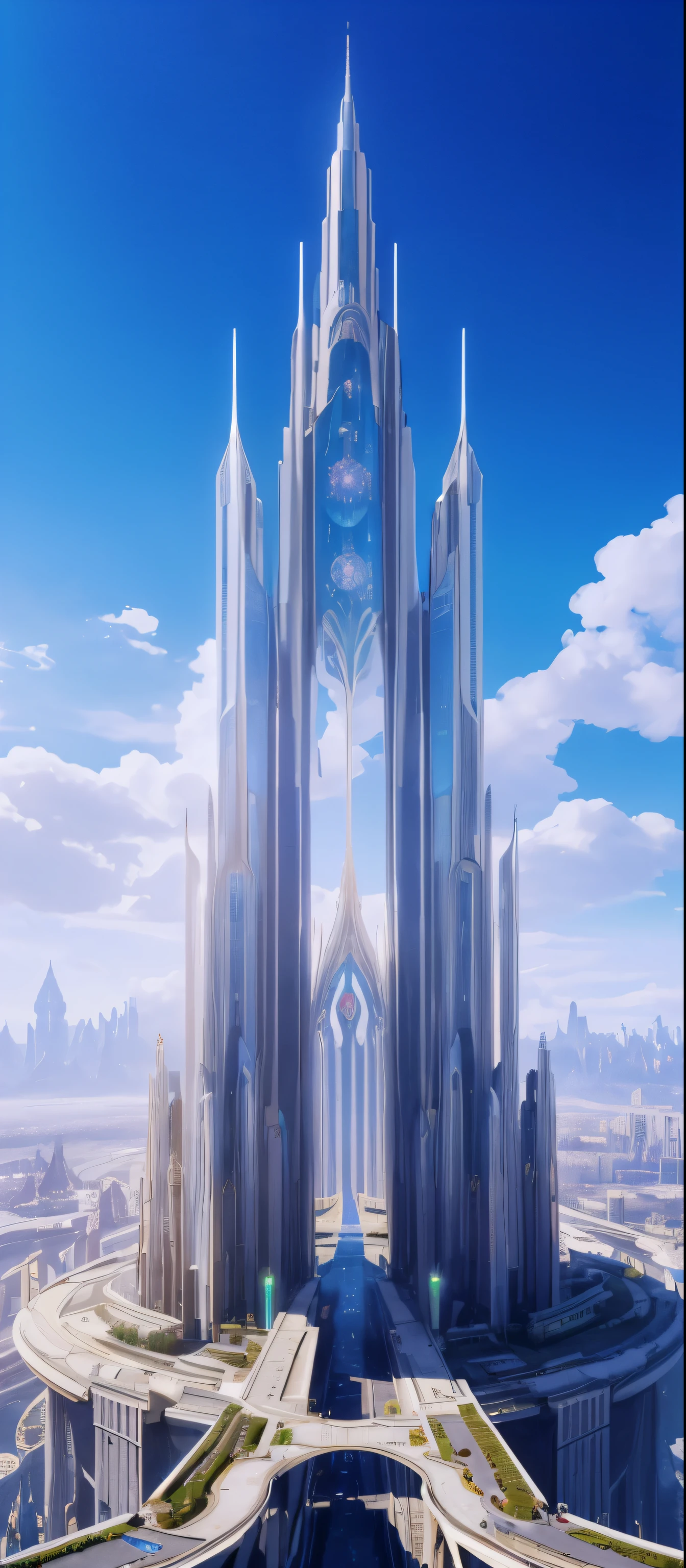 a large building with a bridge going through it in the middle of a city, futuristic palace, chrome cathedrals, huge futuristic temple city, futuristic castle, cathedral of sun, fantasy architecture, cinematic architectural scale, interplanetary cathedral, futuristic church, gothic-futurist architecture, cathedral background, futuristic chrome city, elven architecture, cloud palace, unreal engine render saint seiya