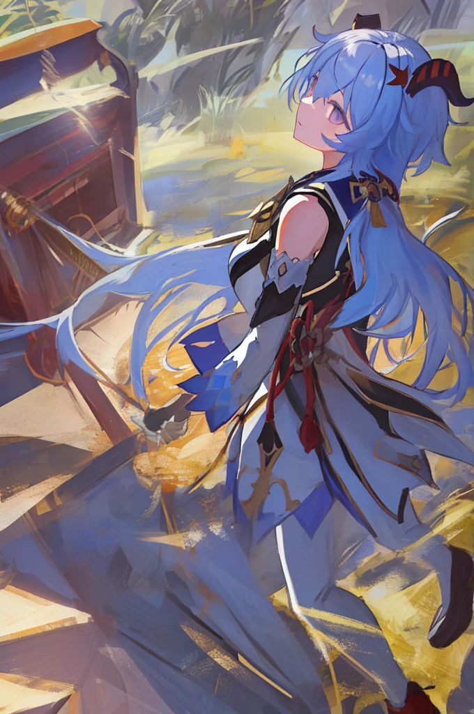 ((1 girl, Alone)), tmasterpiece, a superlative, sportrait, hyper-detailing, illustratio, close up, ornate backdrop, straight shot, Blue hair, There are purple eyes on the face), looking at the distance, ln the forest, suns, ventania, butterflys, Studio lighting, Horizontal, The tree, lake, Permanent, employment \(genshin impact), twin horn, of shoulders, tightsuit