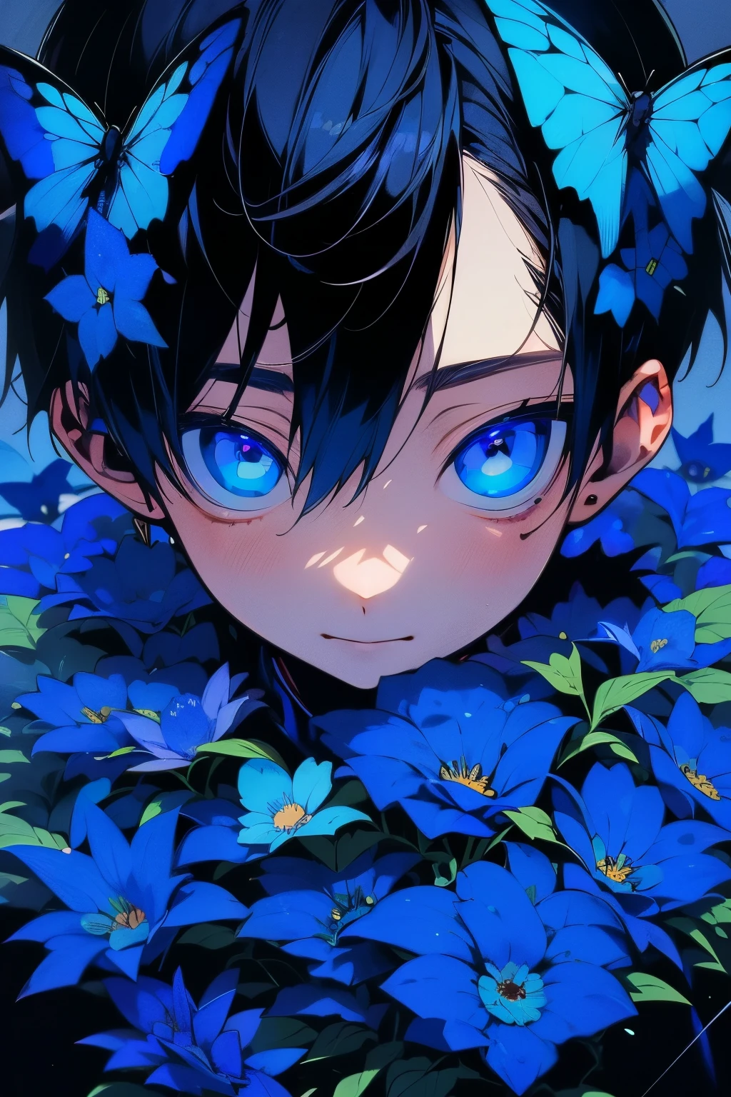 (masutepiece), (Best Quality), Highly detailed, One boy, Solo Focus，Perfect face, Beautiful face, extra detailed face，(A dark-haired:1.3)，(blue eyess:1.3)，florals，butterflys々，floralsびら，optic，a smile