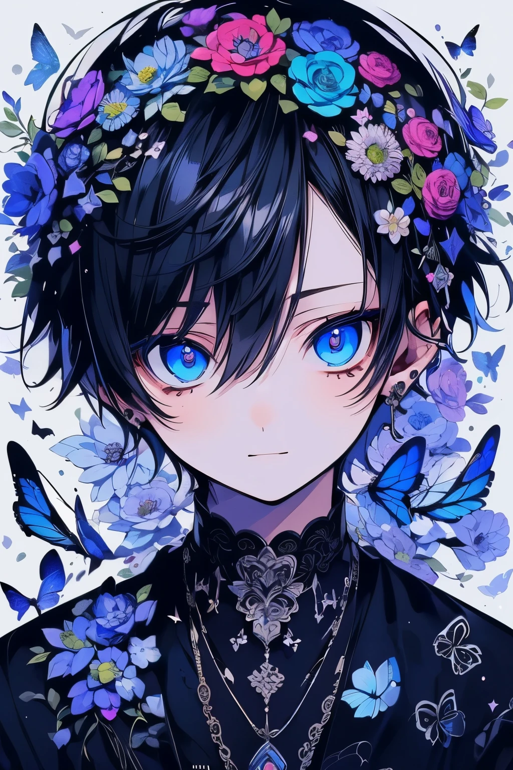 (masutepiece), (Best Quality), Highly detailed, One boy, Solo Focus,Perfect face, Beautiful face, extra detailed face,(A dark-haired:1.3),(blue eyess:1.3),florals,butterflys々,floralsびら,optic,a smile