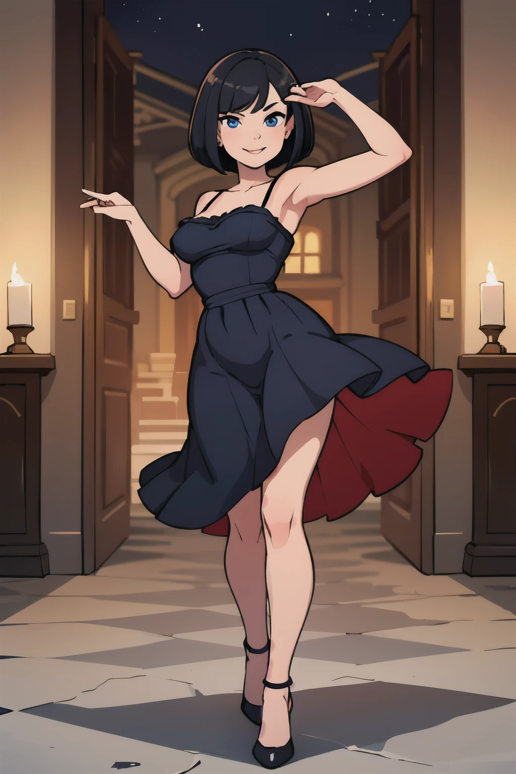 ((best quality)), ((masterpiece)), (detailed), perfect face, 1 girl, solo, teenager, black hair, bob cut, bob hair, blue eyes, smile, in a flamenco dress, off the shoulder dress, red dress, a longer body, teenager, bare shoulders, and being so beautiful, red high heel shoes, dancing in the village, at night time at a town, with candles burning on the floor, in 2D illustration, 2D art style, A flamenco pose, hands in the air, armpits