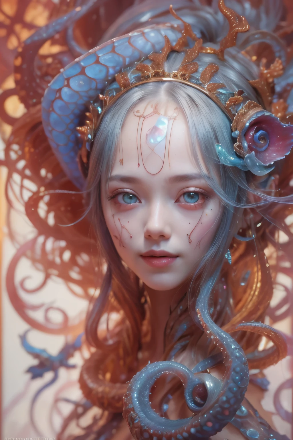 scary and sexy detailed art in color, Portrait, (beautiful and obscene female alien:1.4), (vulgarity1.7), (she has red eyes with no pupils:1.8), (Translucent blue skin:1.7), (There is a female genital-like organ in the middle of the forehead:1.9), (The most beautiful face in the history of the universe:1.2),an evil gaze that seduces, (large mouth:1.1), (sharp teeth like a vampire:1.2), Full body portrait, (bio luminescent:1.5), (Smile wickedly:1.3), (sexypose:1.5), alien, No humans, cells are fused, (Lots of translucent tentacles:1.3) extraterrestrial, cell, bio image, best quality, 8K,In 4K_quality, High freshness, Dramatic Lighting, masutepiece:1.5,cinematic quality, detail up, (exquisite details:1.2), high resolution, High freshness, drawing faithfully, (Thick eyebrows:1.2), Beautiful eyes with fine symmetry,(Highly detailed face and eyes:1.2), Intimate face, (Super detailed skin quality feeling:1.4), perfect anatomy, (Beautiful toned body:1.5), (Moist skin:1.2), not wearing makeup, (dark circles:1.1), long canines, cinematic drawing of characters, ultra high quality model, cinematic quality, detail up, (exquisite details:1.2), high resolution, High freshness, drawing faithfully, official art, Unity 8K Wall paper, best quality, Very high resolution, ultra detailed artistic photography, midnight aura, unreal engine 5, Ultra Sharp Focus, art by Amano Yoshitaka, ArtGerm, Roisch, intricate artwork, best quality, masterpiece, ultra high resolution, (photos realistic:1.4), ultra realistic realism, dream-like, nautilus, Creation of fantasy, Snail, Dream Snail, (biopunk nautilus:1.3),Thrilling color schemes, ultra realistic realism, seductively smiling, Blue tentacles, Amazing mutation, well-proportioned body, goddess of the deep sea