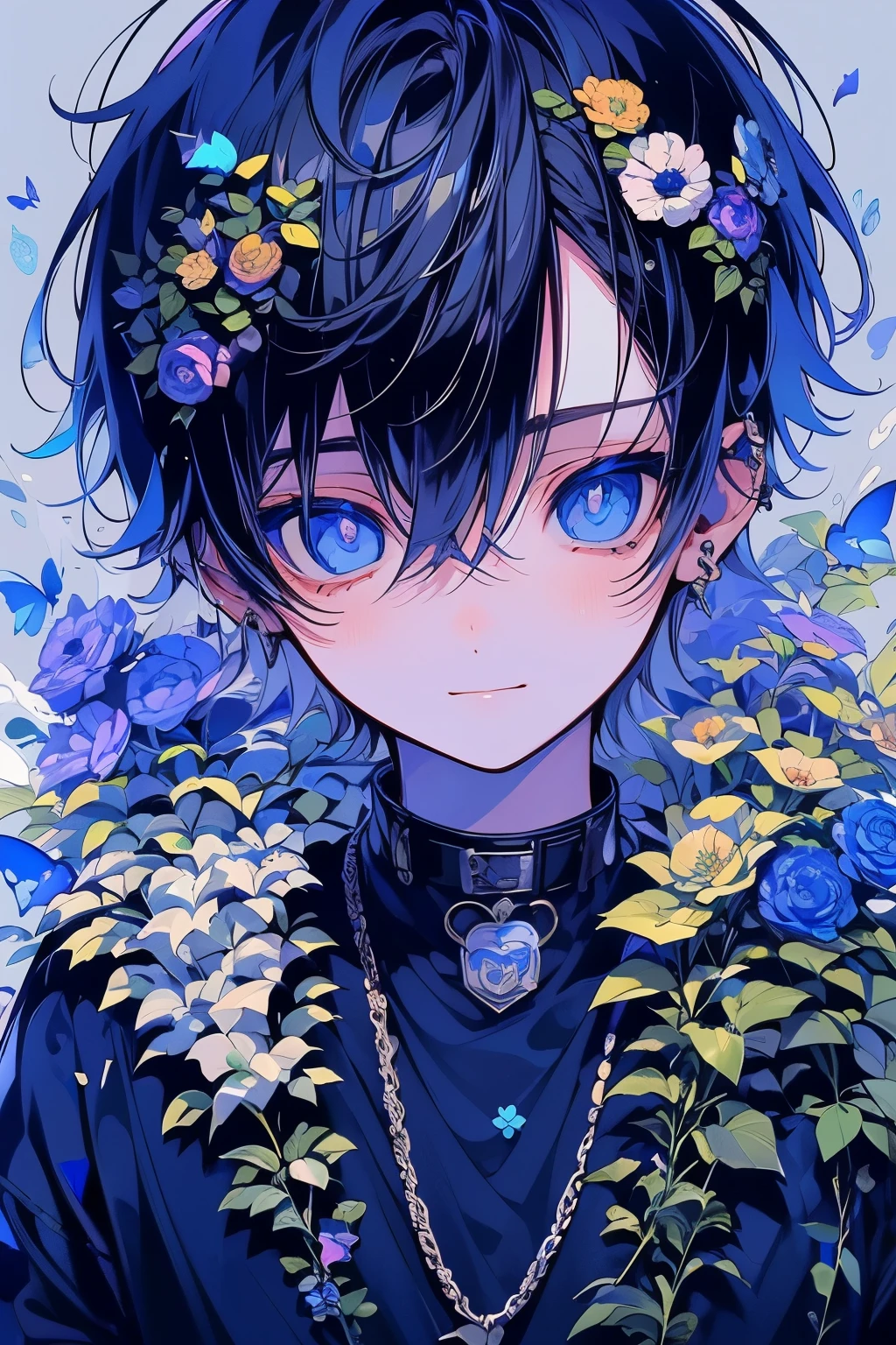 (masutepiece), (Best Quality), Highly detailed, One boy, Solo Focus，Perfect face, Beautiful face, extra detailed face，(A dark-haired:1.3)，(blue eyess:1.3)，florals，butterflys々，floralsびら，optic，a smile