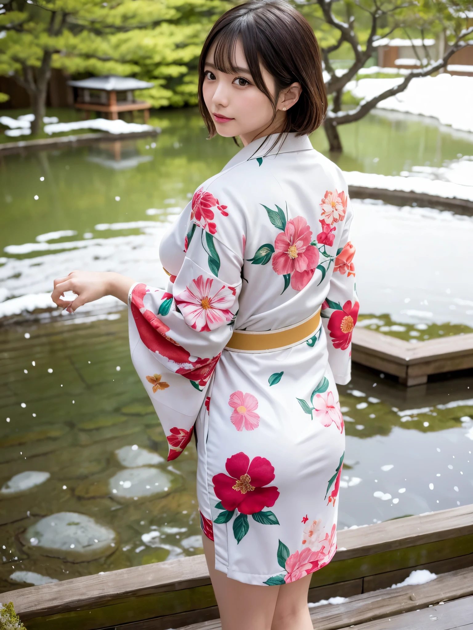 (floral printed mini Kimono, Obi: 1.2), ((of the highest quality, 8K, masutepiece: 1.3, Raw photo)), Sharp Focus: 1.2, (1 AESPA Girl :1.1), SOLO, (Realistic, Photorealistic: 1.37), (Face Focus: 1.1), Cute face, hyperdetailed face, (short messy hair: 1.2), (Falling snow:1.2), (Hair swaying in the wind:1), (Light reflecting snow:1.3), Japanese theme, Washi background, Filming in the Japan Garden, Beautiful Japanese makeup, A beautiful woman that symbolizes Japan culture, (nude, thigh: 1.1), from behind,