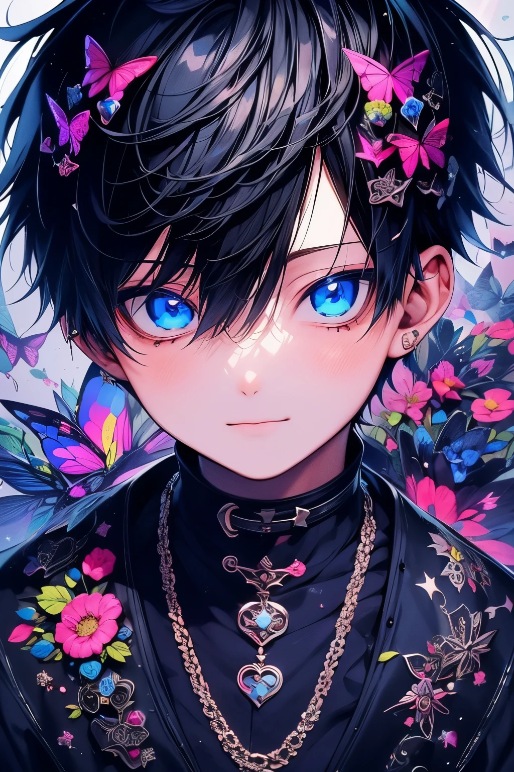 (masutepiece), (Best Quality), Highly detailed, One boy, Solo Focus,Perfect face, Beautiful face, extra detailed face,(A dark-haired:1.3),(blue eyess:1.3),florals,butterflys々,floralsびら,optic,a smile