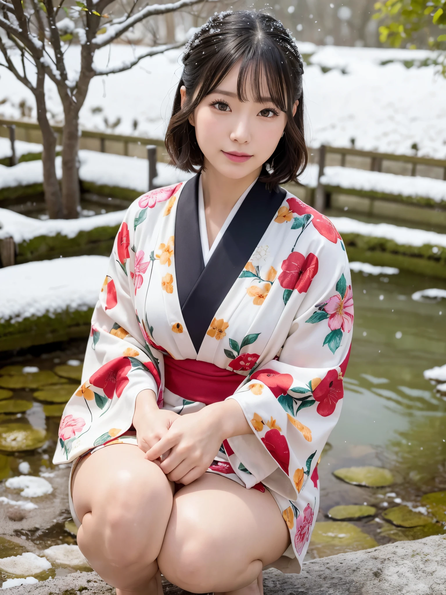 (floral printed mini Kimono, Obi: 1.2), ((of the highest quality, 8K, masutepiece: 1.3, Raw photo)), Sharp Focus: 1.2, (1 AESPA Girl :1.1), SOLO, (Realistic, Photorealistic: 1.37), (Face Focus: 1.1), Cute face, hyperdetailed face, (short messy hair: 1.2), (Falling snow:1.2), (Hair swaying in the wind:1), (Light reflecting snow:1.3), Japanese theme, Washi background, Filming in the Japan Garden, Beautiful Japanese makeup, A beautiful woman that symbolizes Japan culture, (nude, thigh: 1.1), squatting