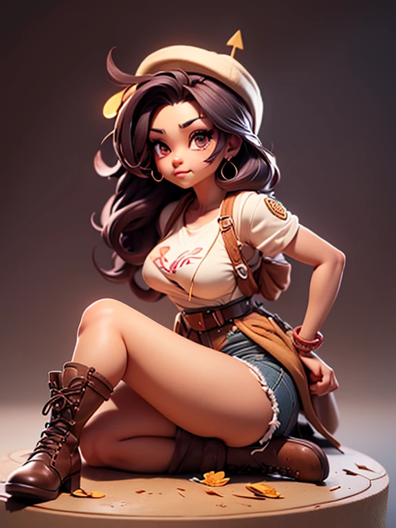 Hermosa Venus de cabello morado ondulado cuerpo firme senos perfectos gabardina camiseta blanca jeans negros botas con catana samurai en su mano