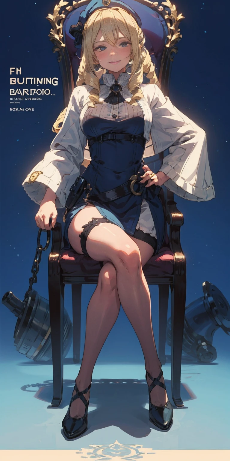 full body, 1  female, solo, 1 girl, lustful smirking smile blush, looking at viewer, sitting on chair with legs crossed, big black thighs stocking, big breasts (cover with blue) ((SFW)), hands on hips, wide hips, blonde long hair, blonde drill hair, blonde twin drills hair, blue wizard hat, Handcuffs on their hands, With a collar around the neck