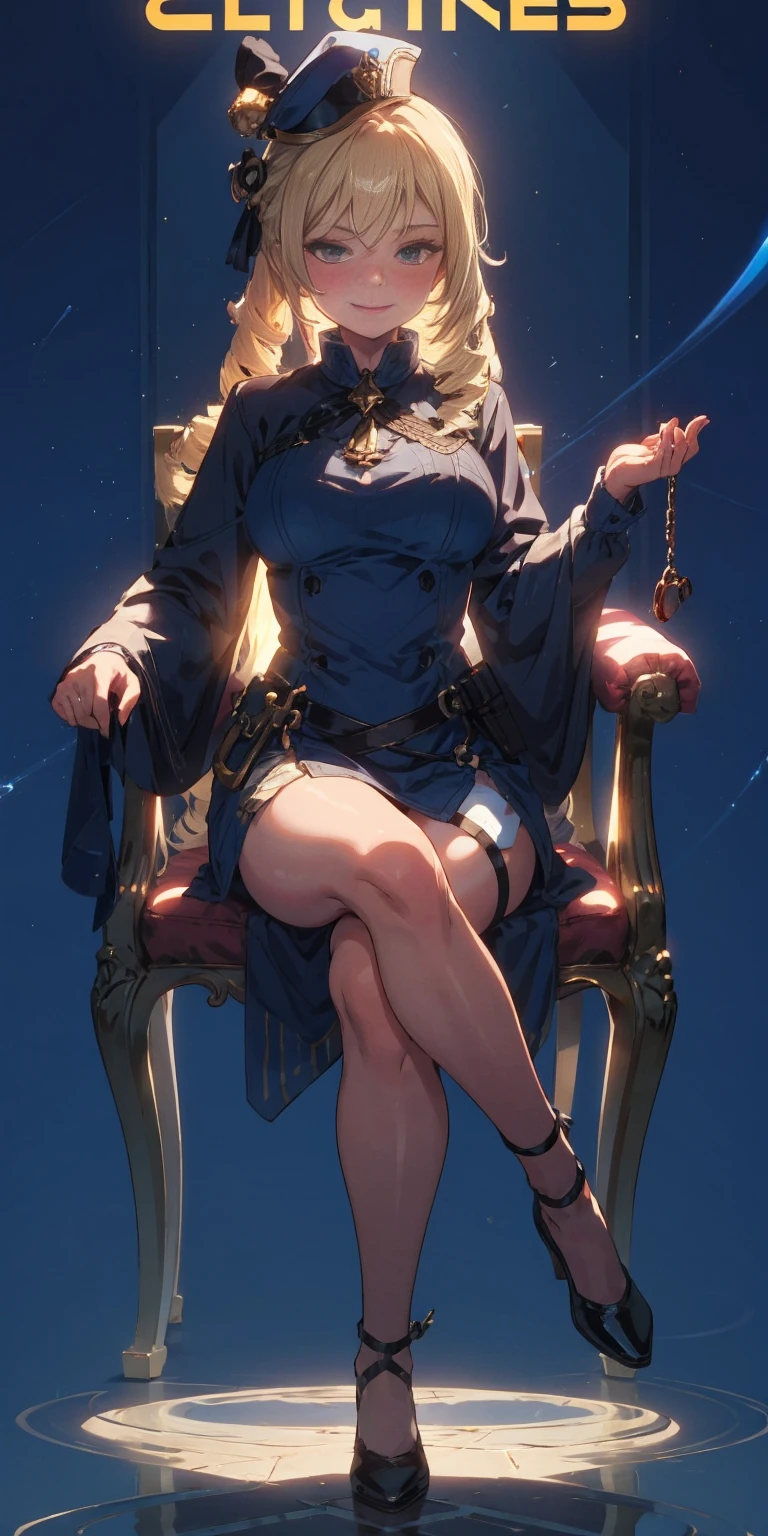 full body, 1 child female, solo, 1 girl, lustful smirking smile blush, looking at viewer, sitting on chair with legs crossed, big black thighs stocking, big breasts (cover with blue) ((SFW)), hands on hips, wide hips, blonde long hair, blonde drill hair, blonde twin drills hair, blue wizard hat, Handcuffs on their hands, With a collar around the neck