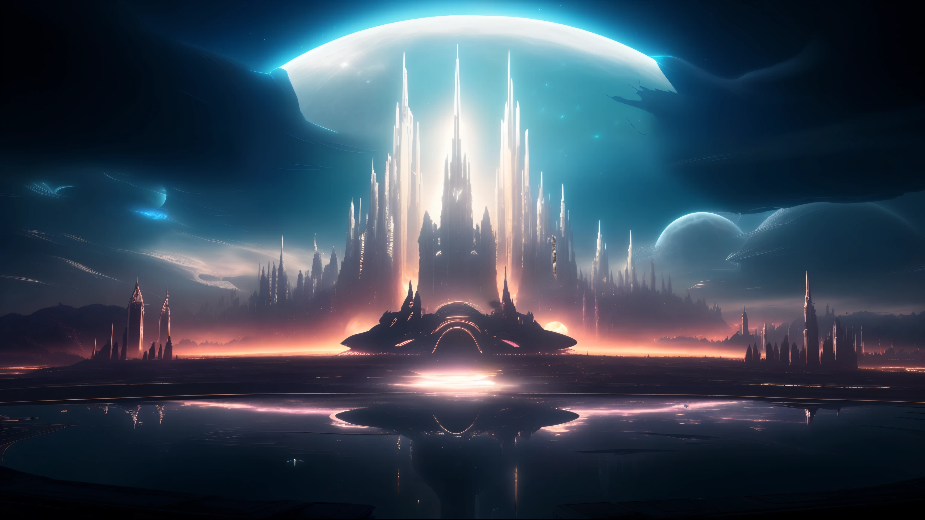 a large city with a giant moon in the sky, huge futuristic temple city, in fantasy sci - fi city, empyrean city, futuristic castle, epic scifi fantasy art, sci fi epic digital art, sci-fi digital art, futuristic palace, sci fi city, cyberpunk cathedral, fantasy cityscape, dark futuristic city, otherwordly futuristic city, an alien city