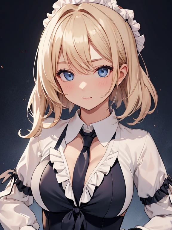 1woman, classy suit and dress shirt, (ruffle tie :1.6) , blonde tying up hair, resolute look, medium large breast, ultra detailed face, beautiful, charming, flashy hair, ultra translucent skin, blushed cheek