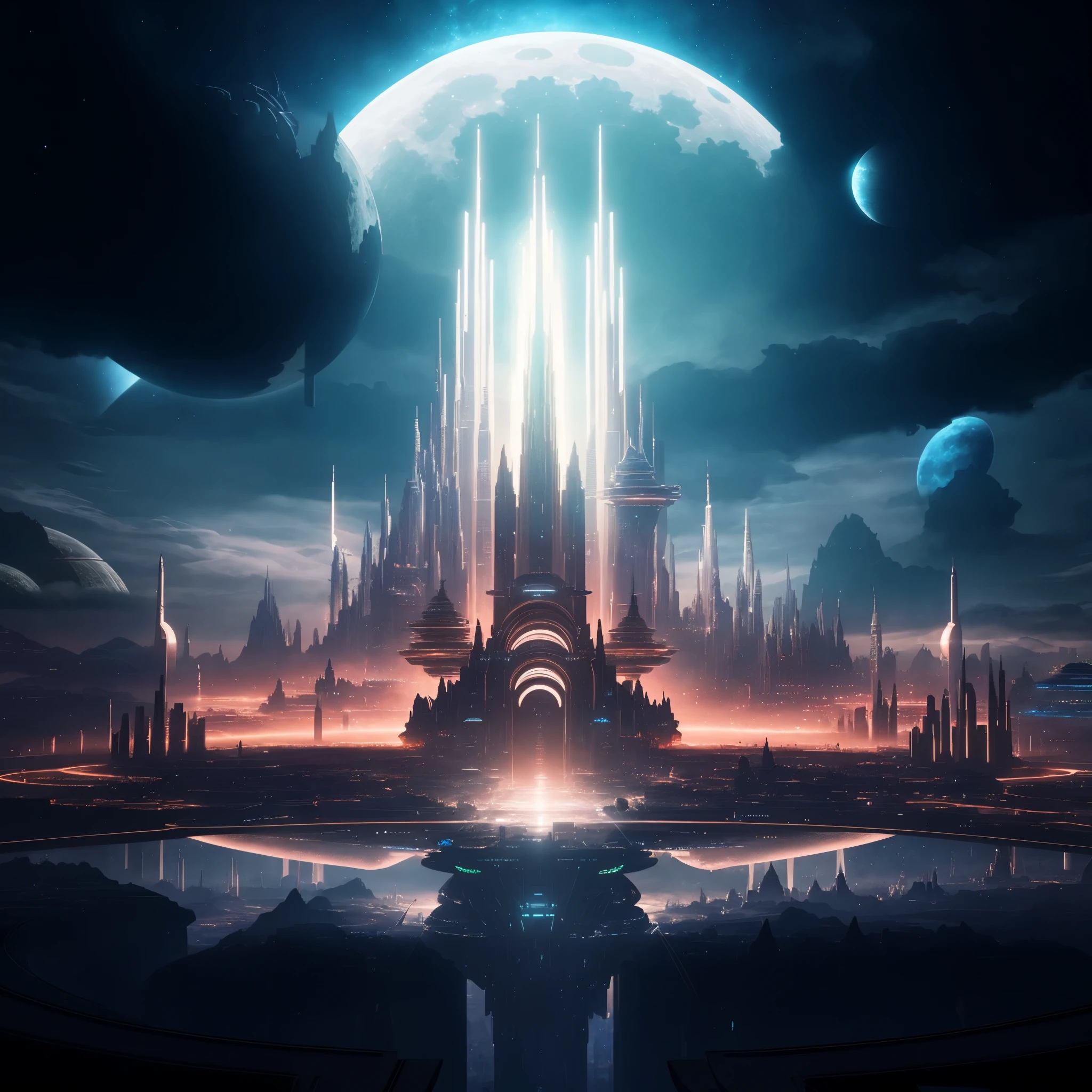 a large city with a giant moon in the sky, huge futuristic temple city, in fantasy sci - fi city, empyrean city, futuristic castle, epic scifi fantasy art, sci fi epic digital art, sci-fi digital art, futuristic palace, sci fi city, cyberpunk cathedral, fantasy cityscape, otherwordly futuristic city, dark futuristic city, an alien city