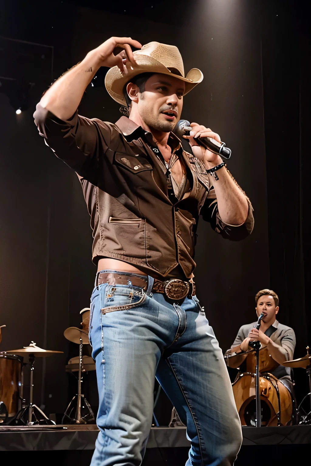 um cantor homem em um show, Artista famoso, cantor sertanejo vestido de cowboy com roupas chiques e super estilo