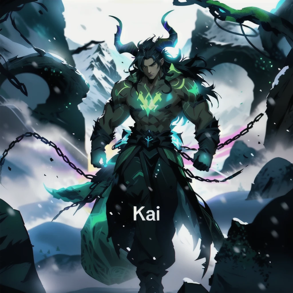 Huge buff man, green markings all over body, long flowing black hair, huge horns, snowy valley background, anime style, riot games concept art, amazing 8k character concept art, face not clearly visible, dark cold lighting, low light,bare upper body,remove text