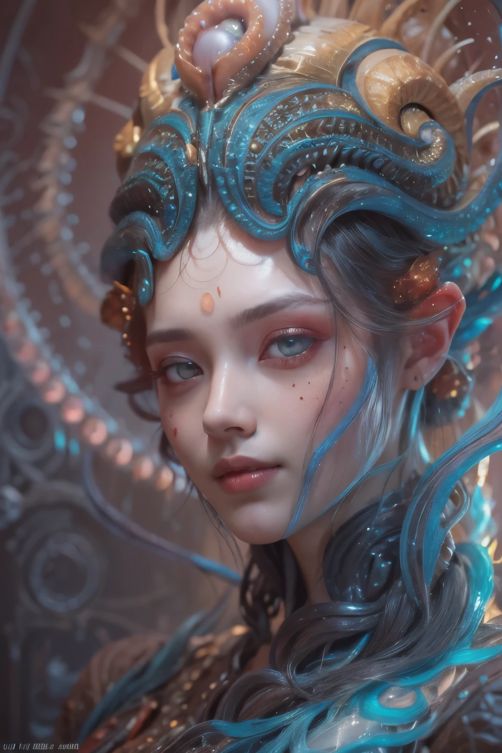 Portrait, (1 beautiful female alien:1.2), (There is a female genital-like organ in the middle of the forehead:1.8), (The most beautiful face in the history of the universe:1.2), (Scarlet eyes that shine mysteriously:1.6), (Translucent skin:1.8), an evil gaze that seduces, (red eyes:1.5), (large mouth:1.1), sharp teeth like a shark, Full body like, (bio luminescent:1.2), (Smile wickedly:1.3), (sexypose:1.5), alien, No humans, cells are fused, (Lots of translucent tentacles:1.1) (Translucent skin:1.3), extraterrestrial, cell, bio image, Best Quality, 8K,4K_quality, High Definition, Dramatic Lighting, masutepiece:1.5,cinematic quality, detail up, (Intricate details:1.2), High resolution, High Definition, drawing faithfully, (Thick eyebrows:1.2), Beautiful eyes with fine symmetry, (Ultra detailed eyes:1.2),(Highly detailed face and eyes:1.2), (High-resolution red-eye:1.4), Intimate face, (Super detailed skin quality feeling:1.4), Perfect Anatomy, (Beautiful toned body:1.5), (Moist skin:1.2), No makeup, (dark circles:1.1), long canines, cinematic drawing of characters, ultra high quality model, cinematic quality, detail up, (Intricate details:1.2), High resolution, High Definition, drawing faithfully, Official art, Unity 8K wall , 8K Portrait, Best Quality, Very High resolution, ultra detailed artistic photography, midnight aura, unreal enginee 5, Ultra Sharp Focus, art by alberto seveso, ArtGerm, Roisch, intricate artwork, best quality, masutepiece, ultra High resolution, (photos realistic:1.4), Ultra-realistic realism, dream-like, nautilus, Creation of fantasy, Snail, Dream Snail, (biopunk nautilus:1.3), Thrilling color schemes, Ultra-realistic realism, seductively smiling, Blue tentacles