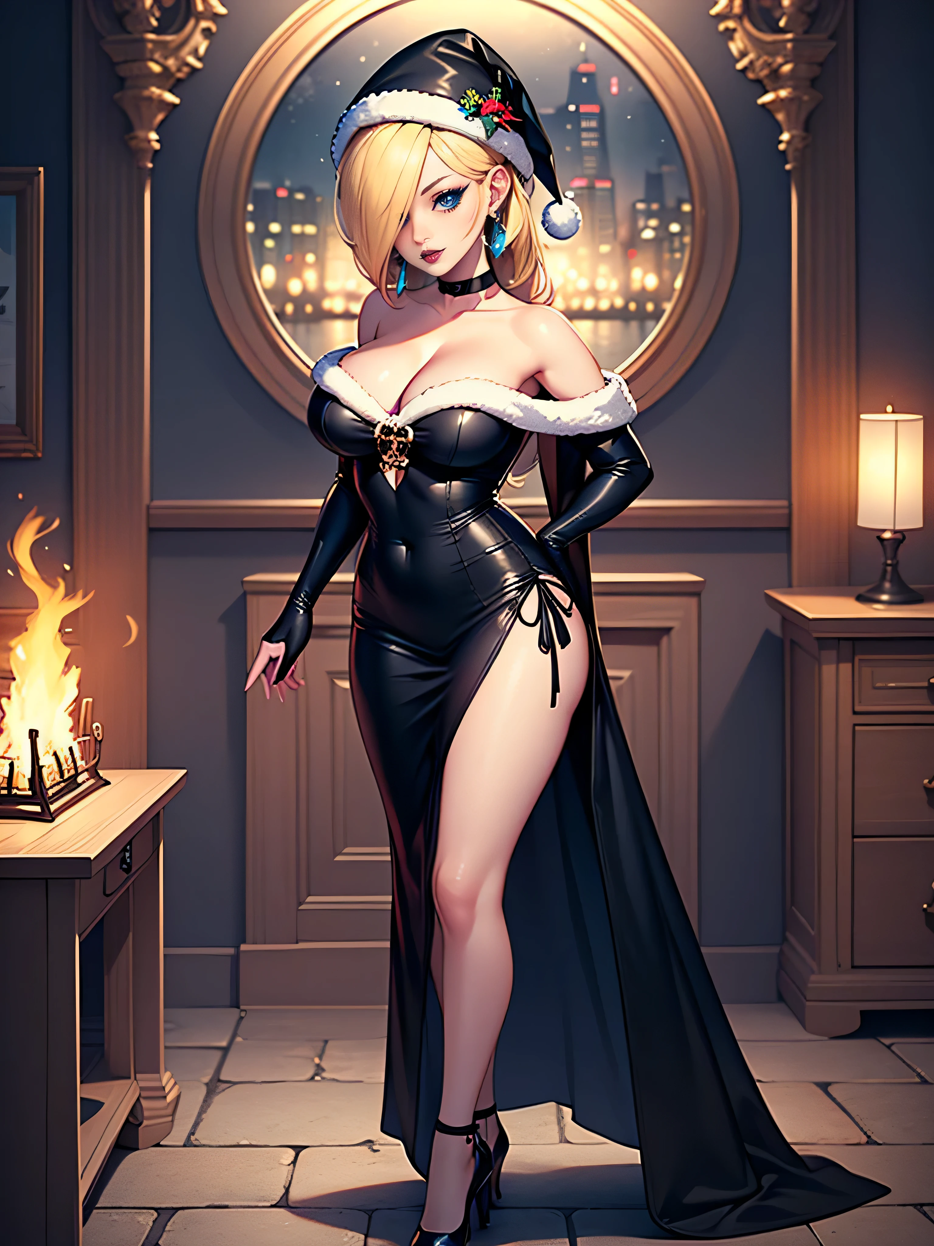 ((high detailed, best quality, 4k, masterpiece, hd:1.3)), ((best quality)), (((HD))), (((8k))), (ultraDH), (ultra HD), (illustration), cowboy shot, log cabin, bonfire, Christmas Tree, X-Mas tree, Rosalina, beautiful detailed eyes, neon blue eyes, seductive, attractive, smooth anime cg art, 36C breasts, cleavage, vivid colors, detailed digital art, slim body, perfect skin, blonde hair, hair over one eye, blue santa hat, looking at viewer, BREAK looking at viewer, extremely detailed face, smile, blue santa suit, blue santa claus suit, santa claus suit, long blue satin elbow gloves, strapless dress, full body, (black high heels), (high heels), earrings, gem, dark black makeup lips, dark gothic eyeshadows, dark eyeshadows, black eyeshadows, black sexy lips, black lips, (dark:1.2), dark lips, very dark lips, (perfect hands, perfect anatomy), black makeup, black medium lips, black thick lips, detailed fingers, five fingers per hand, 5 fingers, (1 girl), detailed lips, detailed black lips, black painted lips, gothic painted lips, (breast focus), (from above:1.1), (breasts out:1.3), (off shoulder:1.1),