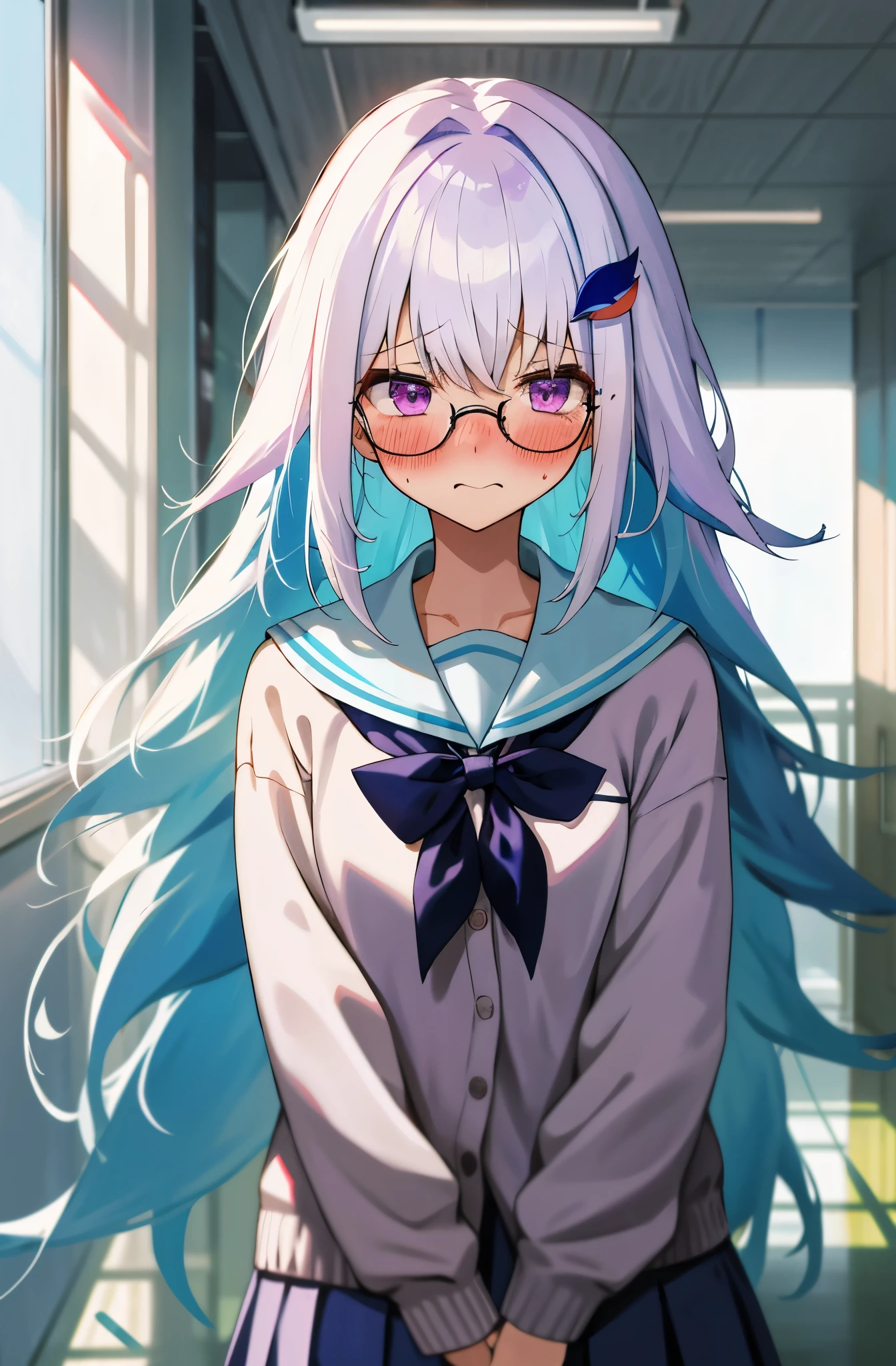 One girl with long messy hair, bangs, white hair, blue inner hair:1.25) , purple eyes, looking at viewer, blushing, embarrassed, (embarrassed:1.2), school uniform, cardigan, glasses, indoor, school corridor, dizzy, mid-chest, day atmosphere, hair ornament, standing, upper body