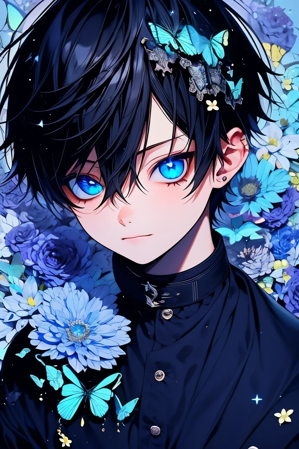 (masutepiece), (Best Quality), Highly detailed, One boy, Solo Focus，Perfect face, Beautiful face, extra detailed face，(A dark-haired:1.3)，(blue eyess:1.3)，florals，butterflys々，floralsびら，optic，a smile
