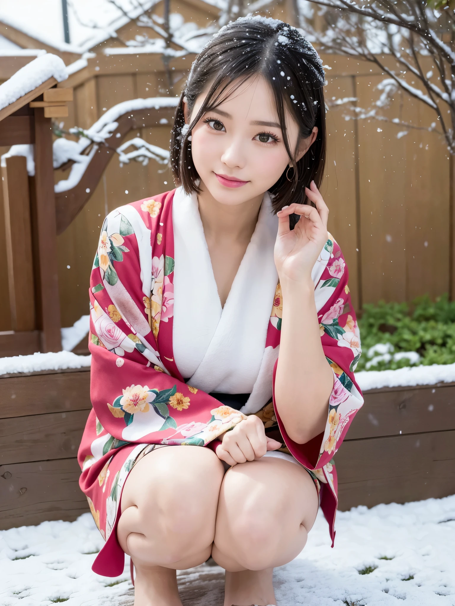 (floral printed mini Kimono, Obi: 1.2), ((of the highest quality, 8K, masutepiece: 1.3, Raw photo)), Sharp Focus: 1.2, (1 AESPA Girl :1.1), SOLO, (Realistic, Photorealistic: 1.37), (Face Focus: 1.1), Cute face, hyperdetailed face, (short messy hair: 1.2), (Falling snow:1.2), (Hair swaying in the wind:1), (Light reflecting snow:1.3), Japanese theme, Washi background, Filming in the Japan Garden, Beautiful Japanese makeup, A beautiful woman that symbolizes Japan culture, (thigh: 1.1), squatting