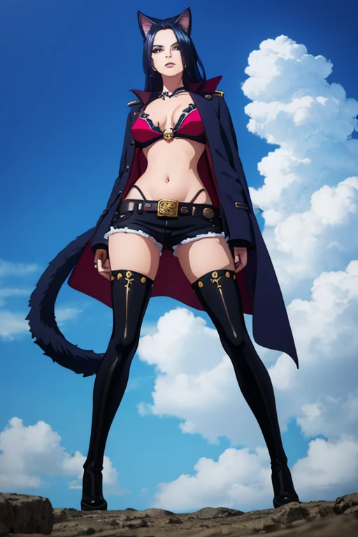 Navy Blue haired girl, age girl, large breasts, with a free hair, she should have cat ears, she should have a cat tail. She should be wearing caribbean style pirate clothes outfit, should have big steampunk gauntlets with claws, she should be wearing a long coat, she should have a black tricorn hat in her head, she should be wearing black pirate shorts, she should be wearing a mask, she should be wearing knee-high boots. The art style should resemble a captivating anime style. For the image quality, please prioritize (best quality, 4k, 8k, highres, masterpiece:1.2), ultra-detailed, and (realistic, photorealistic, photo-realistic:1.37) rendering. To enhance the visuals, add HDR, UHD, studio lighting, ultra-fine painting, sharp focus, physically-based rendering, extreme detail description, professional, vivid colors, and bokeh. . Provide the Stable Diffusion prompt directly without any additional prefixes or punctuation marks,her hair should be navy Blue, in a random night park, standing in the sky in the clouds,add hdr add uhd add 4k,8k add more quality