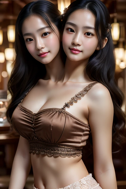 masterpiece:1.2, best quality), realistic, (real picture, intricate details, depth of field), (3heads:1.4), (1girl, solo), highly-detailed, perfect face, (skindentation), perfect thighs, identical faces, long wavy black hair, blushing, Japanese, three heads, crop top.