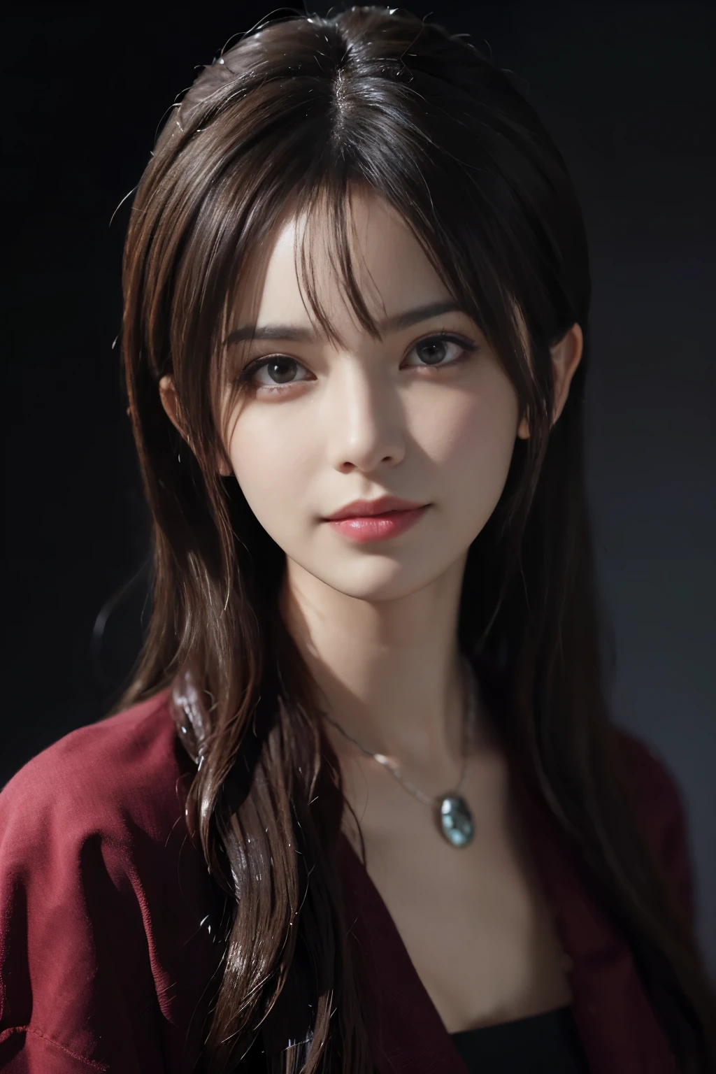 (Ultra Realistic), (Illustration), (Increased Resolution), (8K), (Extremely Detailed), (Best Illustration), (Beautiful and Detailed Eyeest Quality), (Ultra Detailed), (Masterpiece ), ( wallpaper), (detailed face), solo, 1 girl, looking at viewer, fine details, detailed face, in the dark, deep shadows, low key, pureerosfaceace_v1, smiling, long hair, black shawl straight hair , 46 points oblique bangs