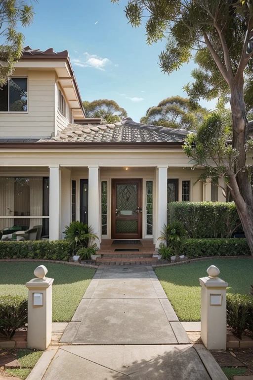 Capture the essence of a typical Australian suburban property with meticulous attention to detail. Showcase a beautifully designed house with a well-manicured garden, a wide driveway leading to a double garage, and a front porch adorned with potted plants. The house should feature distinct architectural elements commonly found in Australian homes, such as a tiled roof, large windows with white frames, and a welcoming entrance. Surround the property with lush greenery, including native plants and trees, to create an authentic Australian suburban atmosphere. Ensure that the image exudes a sense of tranquility and captures the idyllic lifestyle often associated with living in the suburbs of Australia.