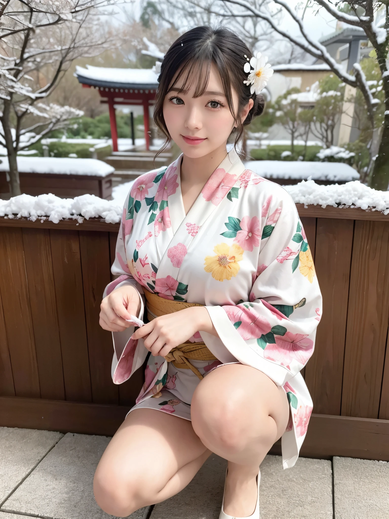 (floral printed mini Kimono, Obi: 1.2), ((of the highest quality, 8K, masutepiece: 1.3, Raw photo)), Sharp Focus: 1.2, (1 AESPA Girl :1.1), SOLO, (Realistic, Photorealistic: 1.37), (Face Focus: 1.1), Cute face, hyperdetailed face, (short messy hair: 1.2), (Falling snow:1.2), (Hair swaying in the wind:1), (Light reflecting snow:1.3), Japanese theme, Washi background, Filming in the Japan Garden, Beautiful Japanese makeup, A beautiful woman that symbolizes Japan culture, (thigh: 1.1), squatting, spread legs