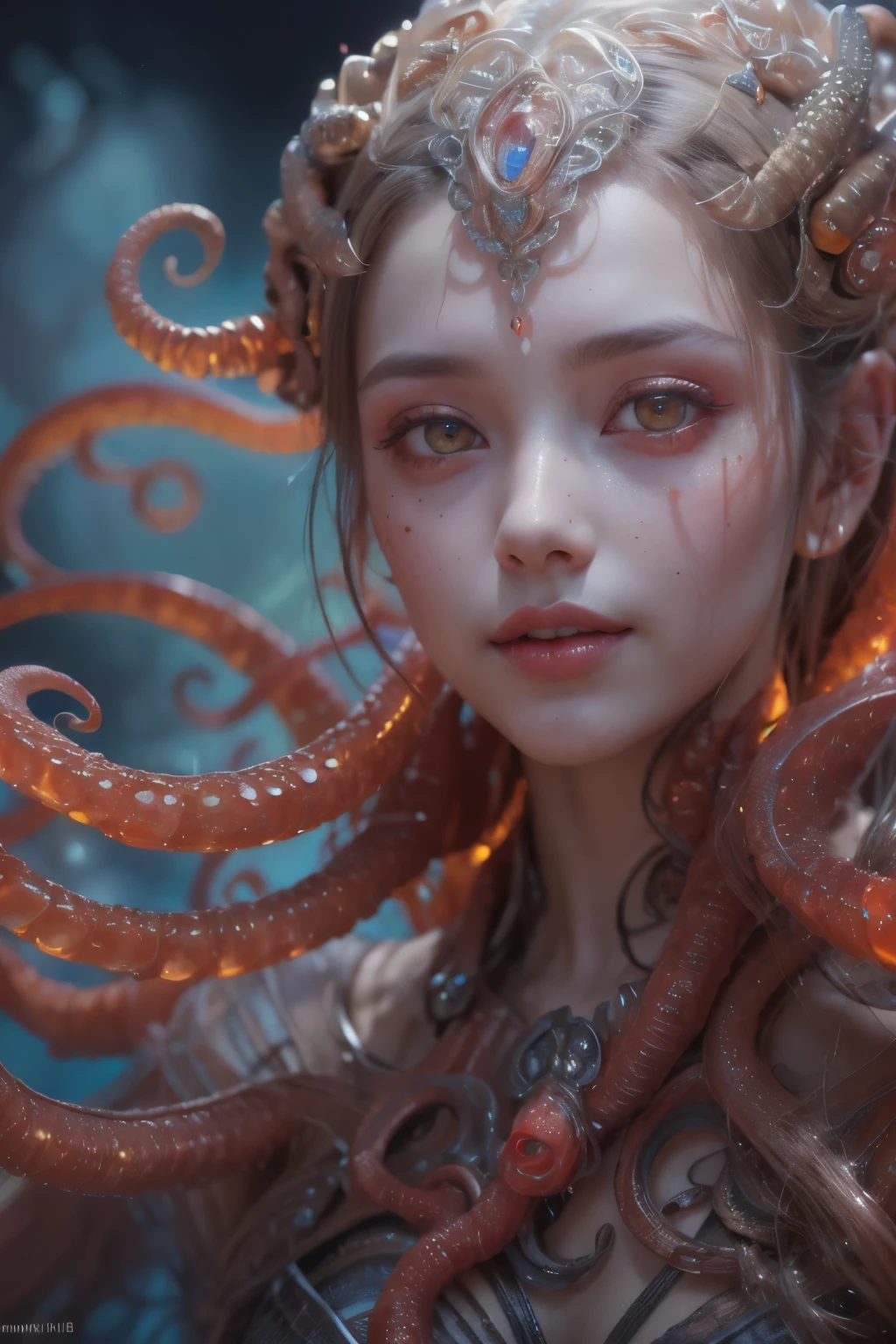 Portrait, (1 beautiful female alien:1.2), (There is a female genital-like organ in the middle of the forehead:1.8), (The most beautiful face in the history of the universe:1.2), (Scarlet eyes that shine mysteriously:1.6), (Translucent skin:1.8), an evil gaze that seduces, (red eyes:1.5), (large mouth:1.1), sharp teeth like a shark, Full body like, (bio luminescent:1.2), (Smile wickedly:1.3), (sexypose:1.5), alien, No humans, cells are fused, (Lots of translucent tentacles:1.1) (Translucent skin:1.3), extraterrestrial, cell, bio image, Best Quality, 8K,4K_quality, High Definition, Dramatic Lighting, masutepiece:1.5,cinematic quality, detail up, (Intricate details:1.2), High resolution, High Definition, drawing faithfully, (Thick eyebrows:1.2), Beautiful eyes with fine symmetry, (Ultra detailed eyes:1.2),(Highly detailed face and eyes:1.2), (High-resolution red-eye:1.4), Intimate face, (Super detailed skin quality feeling:1.4), Perfect Anatomy, (Beautiful toned body:1.5), (Moist skin:1.2), No makeup, (dark circles:1.1), long canines, cinematic drawing of characters, ultra high quality model, cinematic quality, detail up, (Intricate details:1.2), High resolution, High Definition, drawing faithfully, Official art, Unity 8K wall , 8K Portrait, Best Quality, Very High resolution, ultra detailed artistic photography, midnight aura, unreal enginee 5, Ultra Sharp Focus, art by alberto seveso, ArtGerm, Roisch, intricate artwork, best quality, masutepiece, ultra High resolution, (photos realistic:1.4), Ultra-realistic realism, dream-like, nautilus, Creation of fantasy, Snail, Dream Snail, (biopunk nautilus:1.3), Thrilling color schemes, Ultra-realistic realism, seductively smiling, Blue tentacles