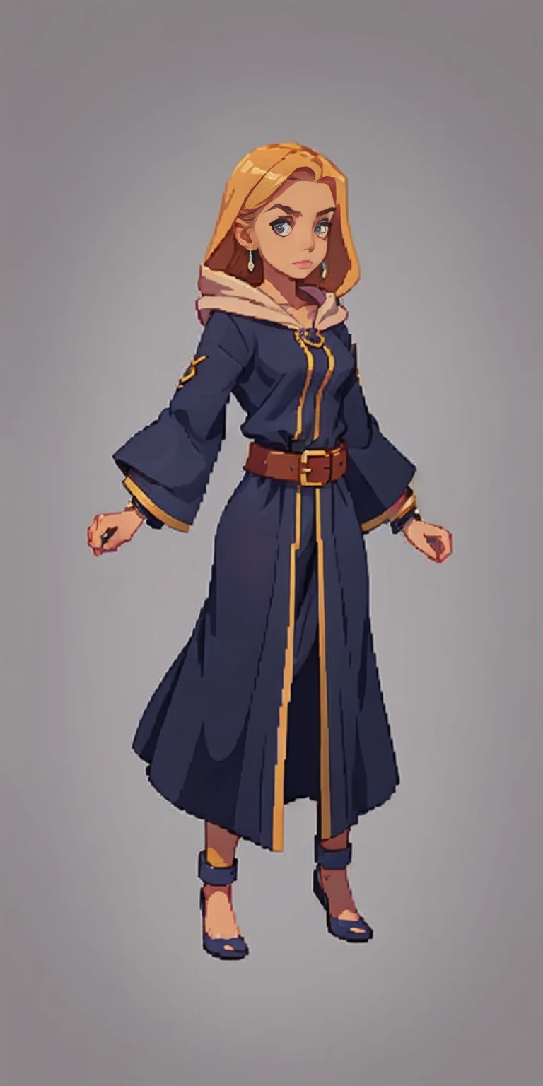 mstoconcept art, european and american cartoons, game character design, solo, 1girl, MAGICIAN, FEMALE FOCUS, GRAY BACKGROUND, WIZARD, FULL BODY, STANDING, HOOD, ROBE, MILF, JEWELRY, LONG BLONDE HAIR, BRACELET, WIDE SLEEVES, WOMAN, BELT, GEMSTONE, LONG SLEEVES, FEMALE VERSION