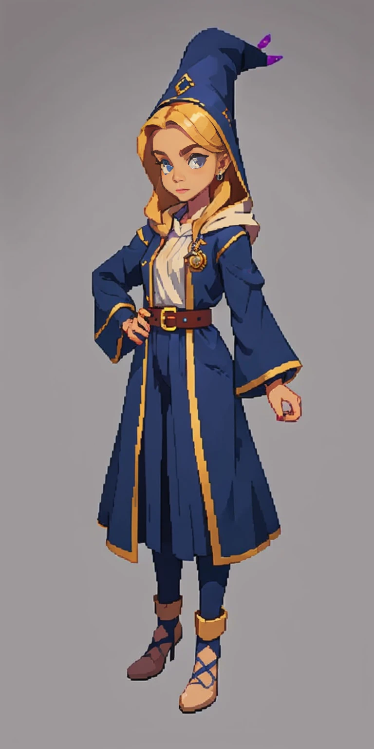 mstoconcept art, european and american cartoons, game character design, solo, 1girl, MAGICIAN, FEMALE FOCUS, GRAY BACKGROUND, WIZARD, FULL BODY, STANDING, HOOD, ROBE, MILF, JEWELRY, LONG BLONDE HAIR, BRACELET, WIDE SLEEVES, WOMAN, BELT, GEMSTONE, LONG SLEEVES, FEMALE VERSION
