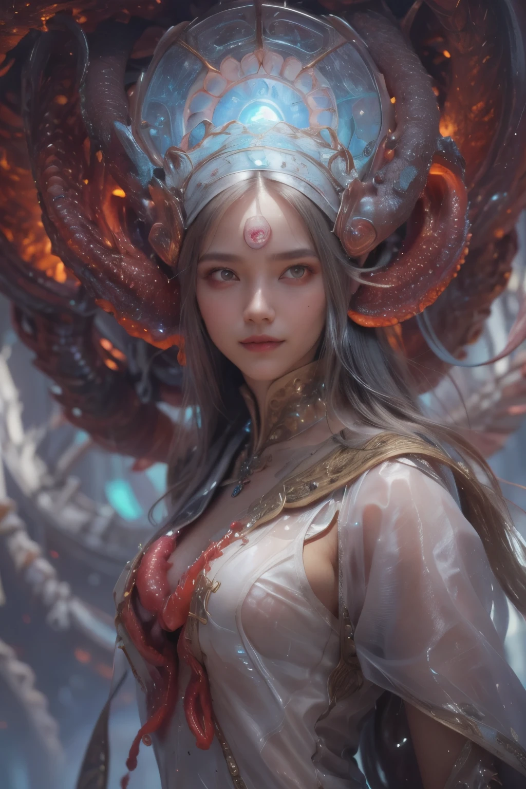 Portrait, (1 beautiful female alien:1.2),  (There is a female genital-like organ in the middle of the forehead:1.8), (The most beautiful face in the history of the universe:1.2), (Scarlet eyes that shine mysteriously:1.6), (Translucent skin:1.8), an evil gaze that seduces, (red eyes:1.5), (large mouth:1.1), sharp teeth like a shark, Full body like, (bio luminescent:1.2), (Smile wickedly:1.3),  (sexypose:1.5), alien, No humans, cells are fused, (Lots of translucent tentacles:1.1) (Translucent skin:1.3), extraterrestrial, cell, bio image, Best Quality, 8K,4K_quality, High Definition, Dramatic Lighting, masutepiece:1.5,cinematic quality, detail up, (Intricate details:1.2), High resolution, High Definition, drawing faithfully, (Thick eyebrows:1.2), Beautiful eyes with fine symmetry, (Ultra detailed eyes:1.2),(Highly detailed face and eyes:1.2), (High-resolution red-eye:1.4), Intimate face, (Super detailed skin quality feeling:1.4), Perfect Anatomy,  (Beautiful toned body:1.5),  (Moist skin:1.2), No makeup, (dark circles:1.1), long canines, cinematic drawing of characters, ultra high quality model, cinematic quality, detail up, (Intricate details:1.2), High resolution, High Definition, drawing faithfully, Official art, Unity 8K wall  , 8K Portrait, Best Quality, Very High resolution, ultra detailed artistic photography, midnight aura,  unreal enginee 5, Ultra Sharp Focus, art by alberto seveso, ArtGerm, Roisch, intricate artwork, best quality, masutepiece, ultra High resolution, (photos realistic:1.4), Ultra-realistic realism, dream-like,  nautilus, Creation of fantasy, Snail, Dream Snail,  (biopunk nautilus:1.3), Thrilling color schemes， Ultra-realistic realism， seductively smiling, Blue tentacles