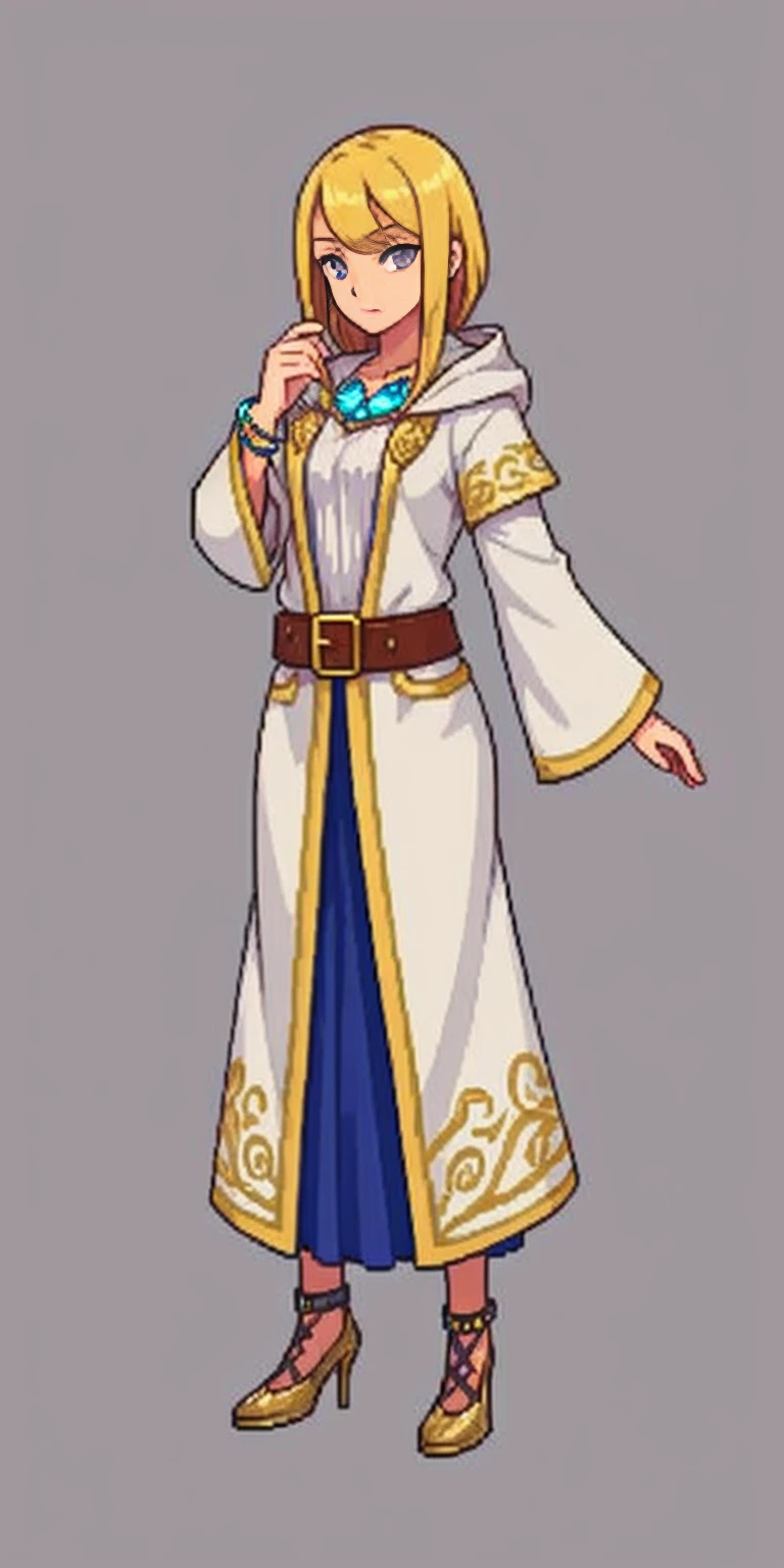 mstoconcept art, european and american cartoons, game character design, solo, 1girl, MAGICIAN, FEMALE FOCUS, GRAY BACKGROUND, WIZARD, FULL BODY, STANDING, HOOD, ROBE, MILF, JEWELRY, LONG BLONDE HAIR, BRACELET, WIDE SLEEVES, WOMAN, BELT, GEMSTONE, LONG SLEEVES, FEMALE VERSION