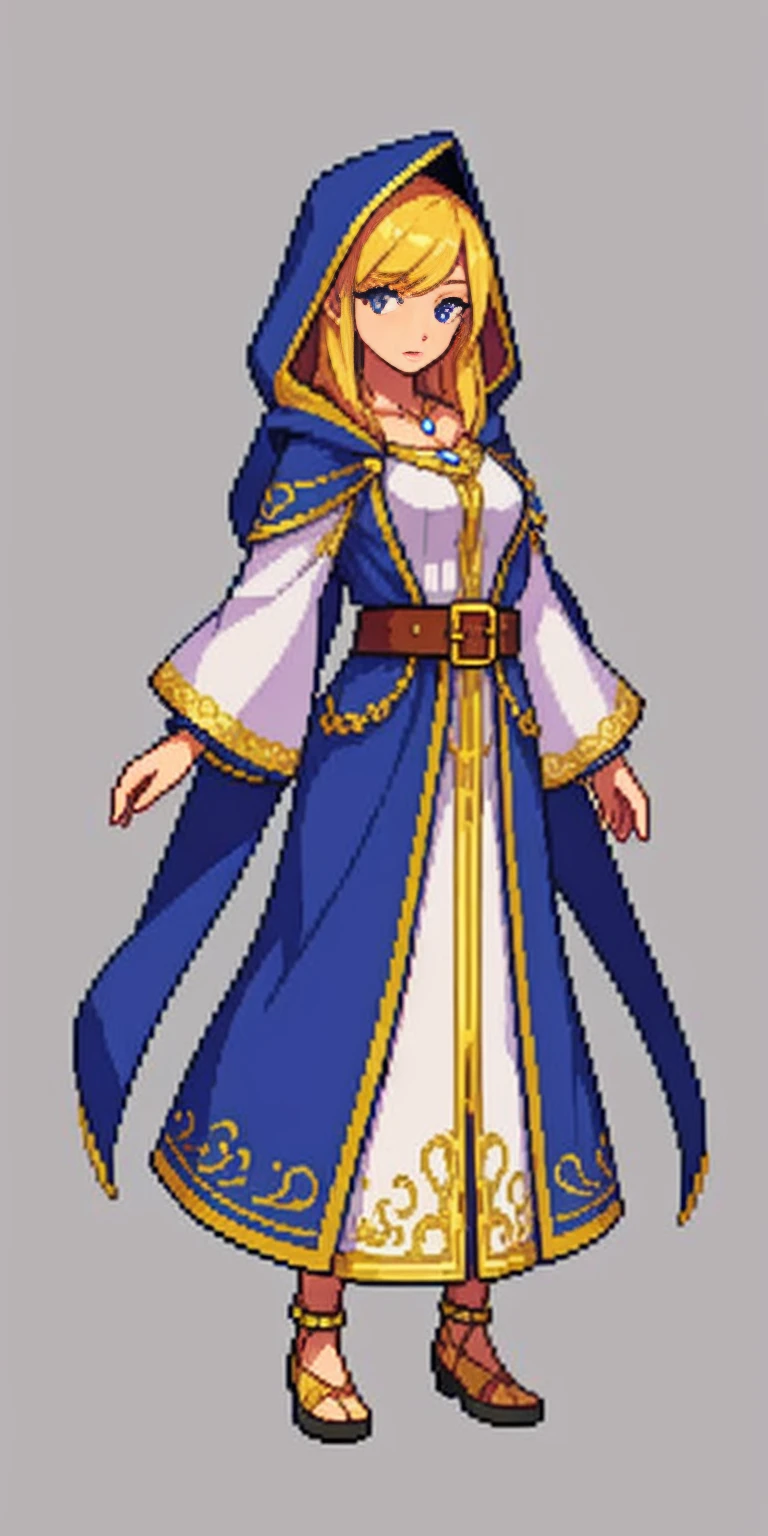 mstoconcept art, european and american cartoons, game character design, solo, 1girl, MAGICIAN, FEMALE FOCUS, GRAY BACKGROUND, WIZARD, FULL BODY, STANDING, HOOD, ROBE, MILF, JEWELRY, LONG BLONDE HAIR, BRACELET, WIDE SLEEVES, WOMAN, BELT, GEMSTONE, LONG SLEEVES, FEMALE VERSION