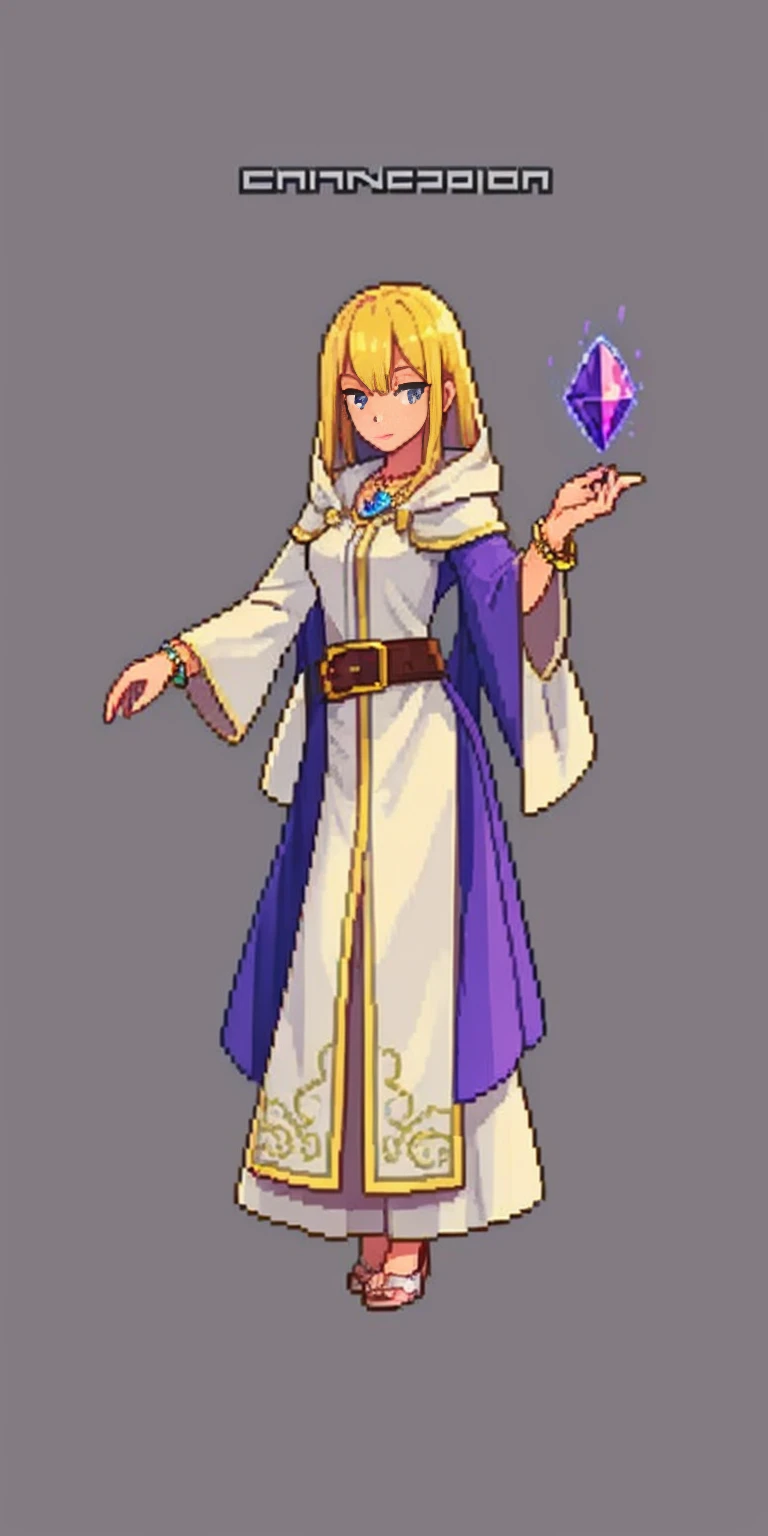 mstoconcept art, european and american cartoons, game character design, solo, 1girl, MAGICIAN, FEMALE FOCUS, GRAY BACKGROUND, WIZARD, FULL BODY, STANDING, HOOD, ROBE, MILF, JEWELRY, LONG BLONDE HAIR, BRACELET, WIDE SLEEVES, WOMAN, BELT, GEMSTONE, LONG SLEEVES, FEMALE VERSION