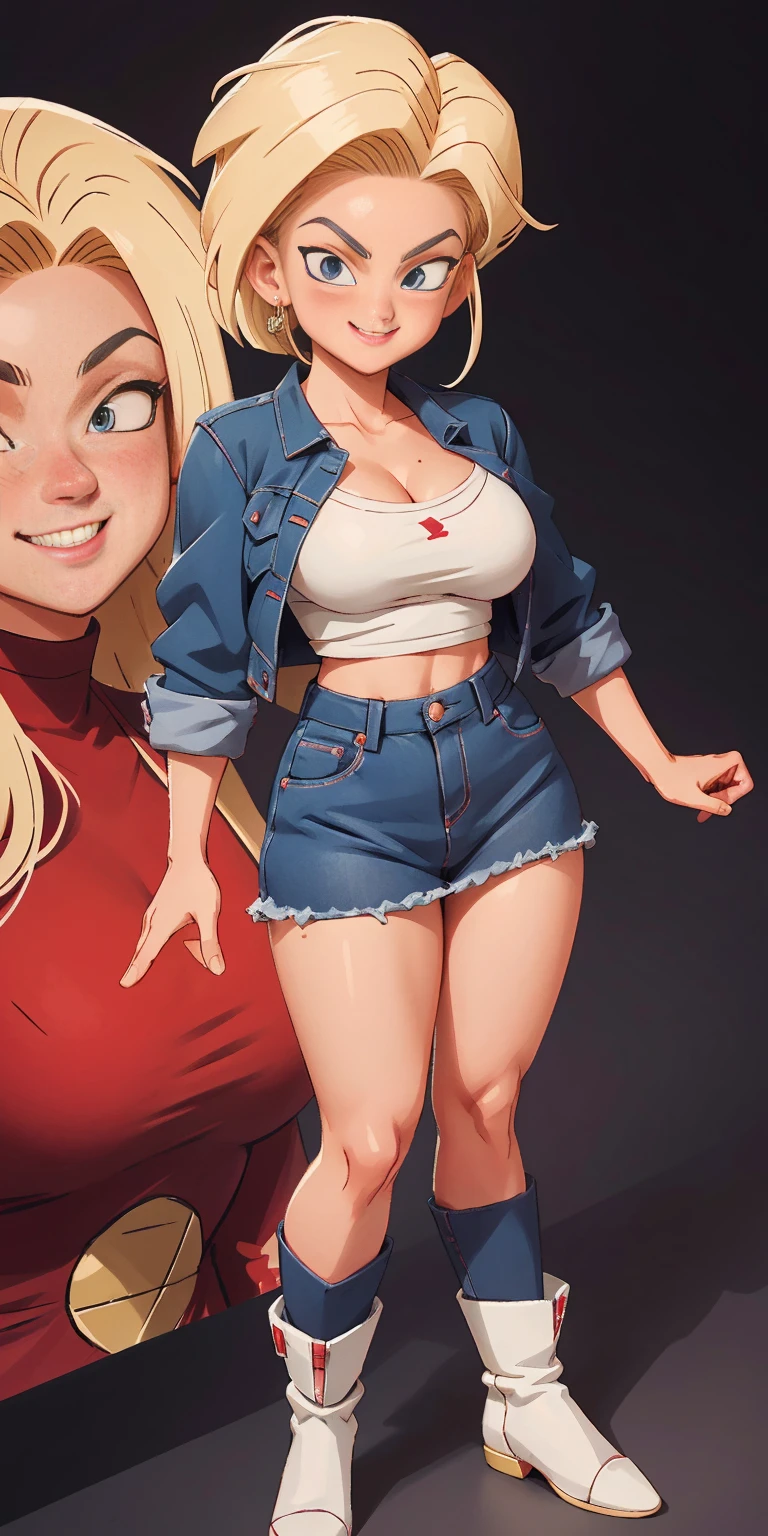 (Masterpiece, SFW)) full-body close-up, android 18 from dragon ball, lustful smirking smile expression (red blush), (1girl), slim figure)