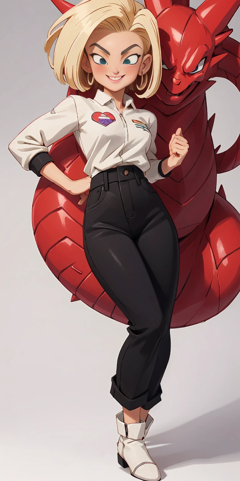 (Masterpiece, SFW)) full-body close-up, android 18 from dragon ball, lustful smirking smile expression (red blush), (1girl), slim figure)
