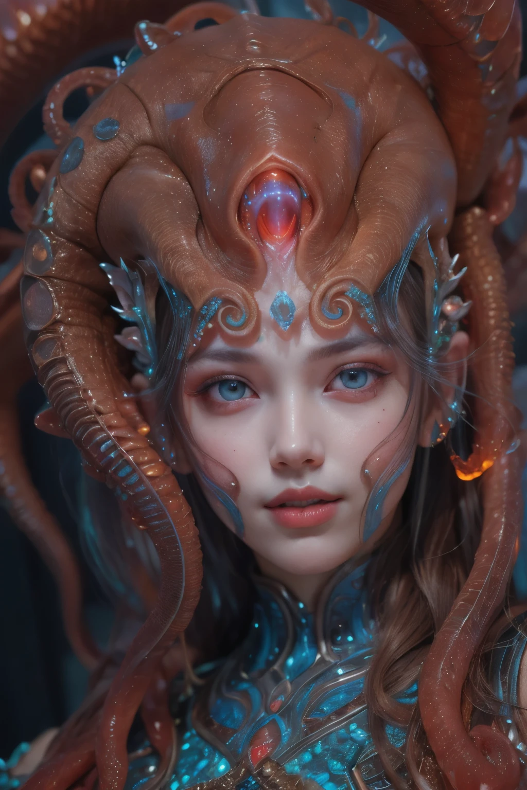 Portrait, (1 beautiful female alien:1.2),  (There is a female genital-like organ in the middle of the forehead:1.8), (The most beautiful face in the history of the universe:1.2), (Scarlet eyes that shine mysteriously:1.6), (Translucent skin:1.8), an evil gaze that seduces, (red eyes:1.5), (large mouth:1.1), sharp teeth like a shark, Full body like, (bio luminescent:1.2), (Smile wickedly:1.3),  (sexypose:1.5), alien, No humans, cells are fused, (Lots of translucent tentacles:1.1) (Translucent skin:1.3), extraterrestrial, cell, bio image, Best Quality, 8K,4K_quality, High Definition, Dramatic Lighting, masutepiece:1.5,cinematic quality, detail up, (Intricate details:1.2), High resolution, High Definition, drawing faithfully, (Thick eyebrows:1.2), Beautiful eyes with fine symmetry, (Ultra detailed eyes:1.2),(Highly detailed face and eyes:1.2), (High-resolution red-eye:1.4), Intimate face, (Super detailed skin quality feeling:1.4), Perfect Anatomy,  (Beautiful toned body:1.5),  (Moist skin:1.2), No makeup, (dark circles:1.1), long canines, cinematic drawing of characters, ultra high quality model, cinematic quality, detail up, (Intricate details:1.2), High resolution, High Definition, drawing faithfully, Official art, Unity 8K wall  , 8K Portrait, Best Quality, Very High resolution, ultra detailed artistic photography, midnight aura,  unreal enginee 5, Ultra Sharp Focus, art by alberto seveso, ArtGerm, Roisch, intricate artwork, best quality, masutepiece, ultra High resolution, (photos realistic:1.4), Ultra-realistic realism, dream-like,  nautilus, Creation of fantasy, Snail, Dream Snail,  (biopunk nautilus:1.3), Thrilling color schemes， Ultra-realistic realism， seductively smiling, Blue tentacles