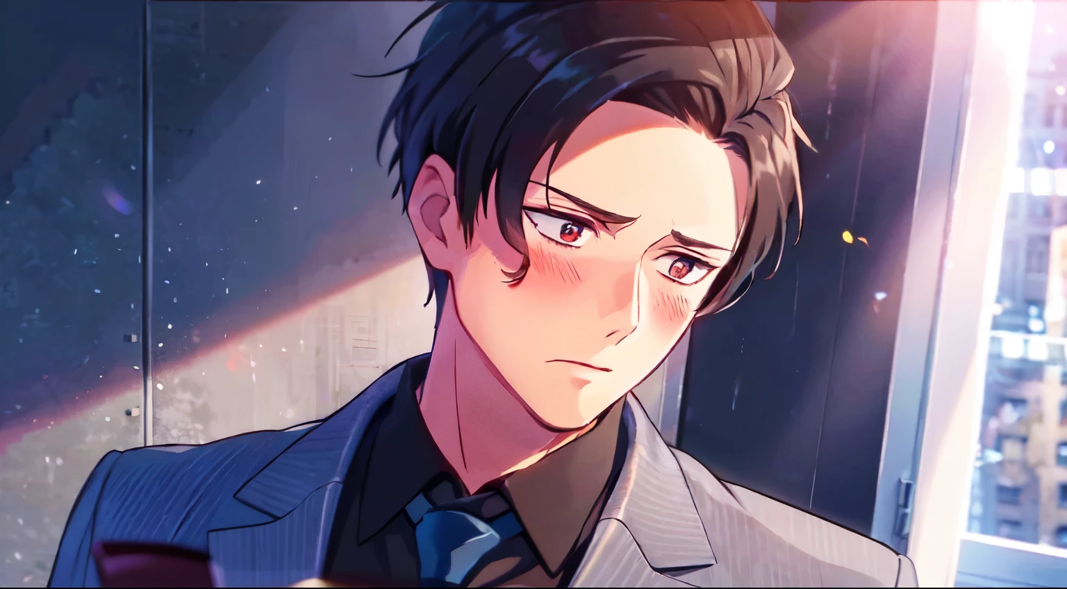 masterpiece, 1Man, (solo), luci\(obeyme\), red eyes, black hair, (black shirt), (red necktie), blush, home, looking away, embarrassed, window, morning