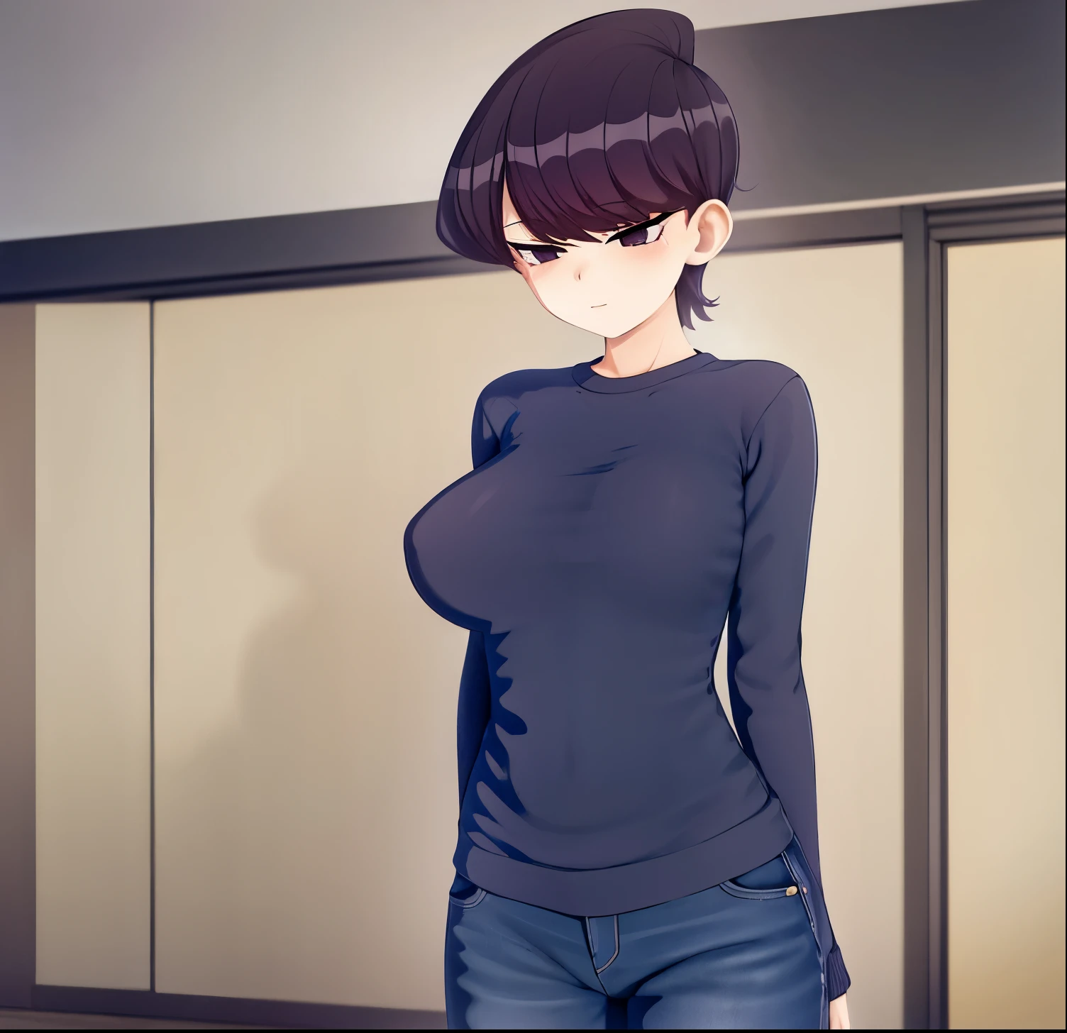 pixel-Komi-Shuuko, 1girl, alone, busty, sweater, jeans, shirt lift, lifted by self, flashing tits, masterpiece, best quality , good anatomy, good hands