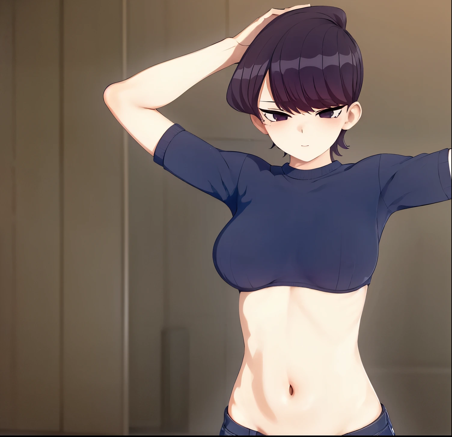 pixel-Komi-Shuuko, 1girl, alone, busty, sweater, jeans, shirt lift, lifted by self, flashing tits, masterpiece, best quality , good anatomy, good hands