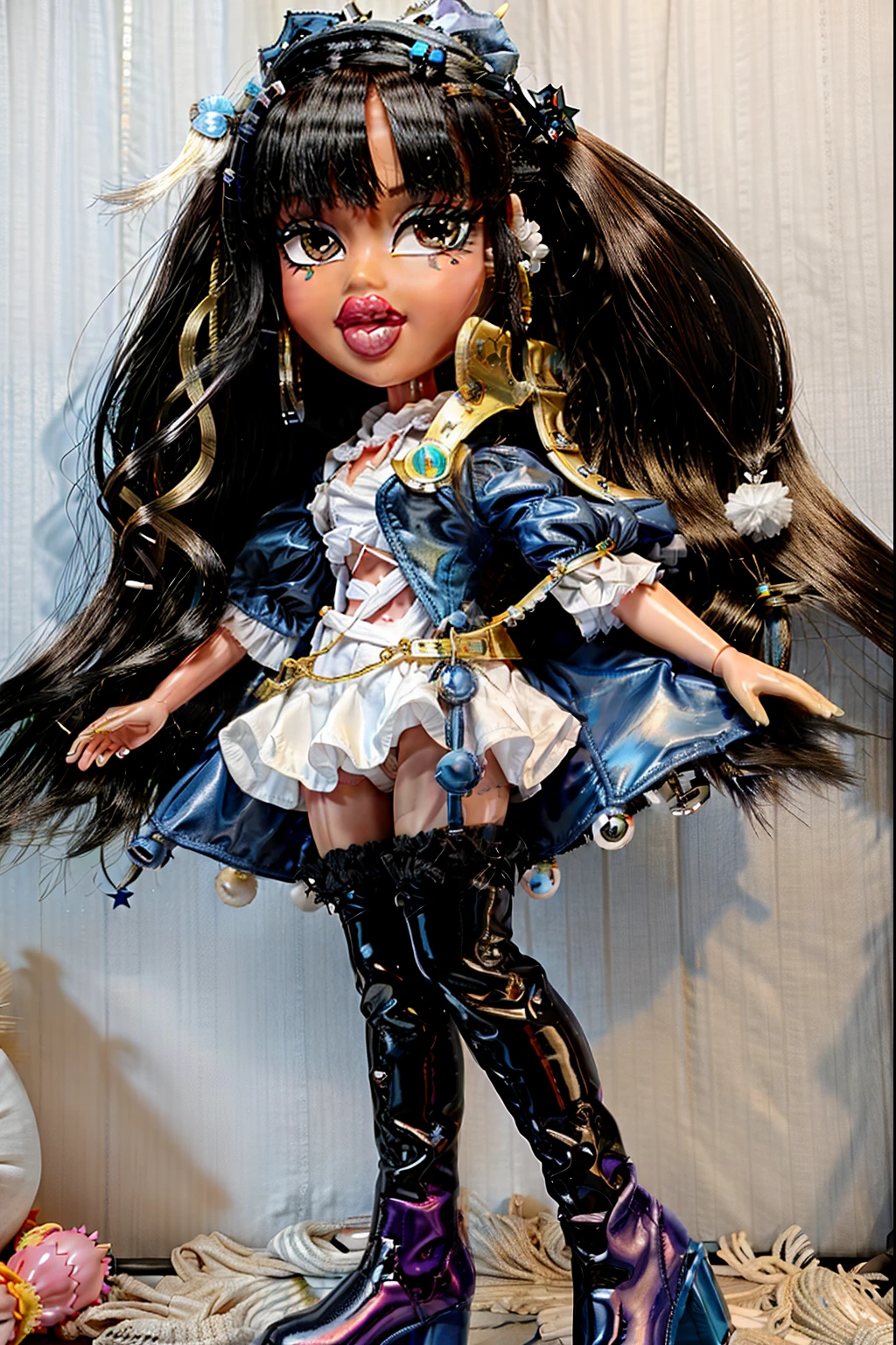 Bratz girl with detailed eyes and big lips and black curly rococo hair, wearing white romper, full body , plastic skin , doll joints , ,(masterpiece, top quality, best quality, beautiful and aesthetic:1.2), doll, revealing clothes, big head, 1girl, solo, breasts, curvy, wide hips, narrow waist, joints, doll joints, cleavage, bursting breasts, huge breasts, lips, 1girl, Iizunamaru Megumu, blue tokin hat, white circle scarf, blue dress, golden pauldron, black cape, pom pom (clothes), purple tengu-getas, midriff, full body, high heels, thighhighs, long legs,