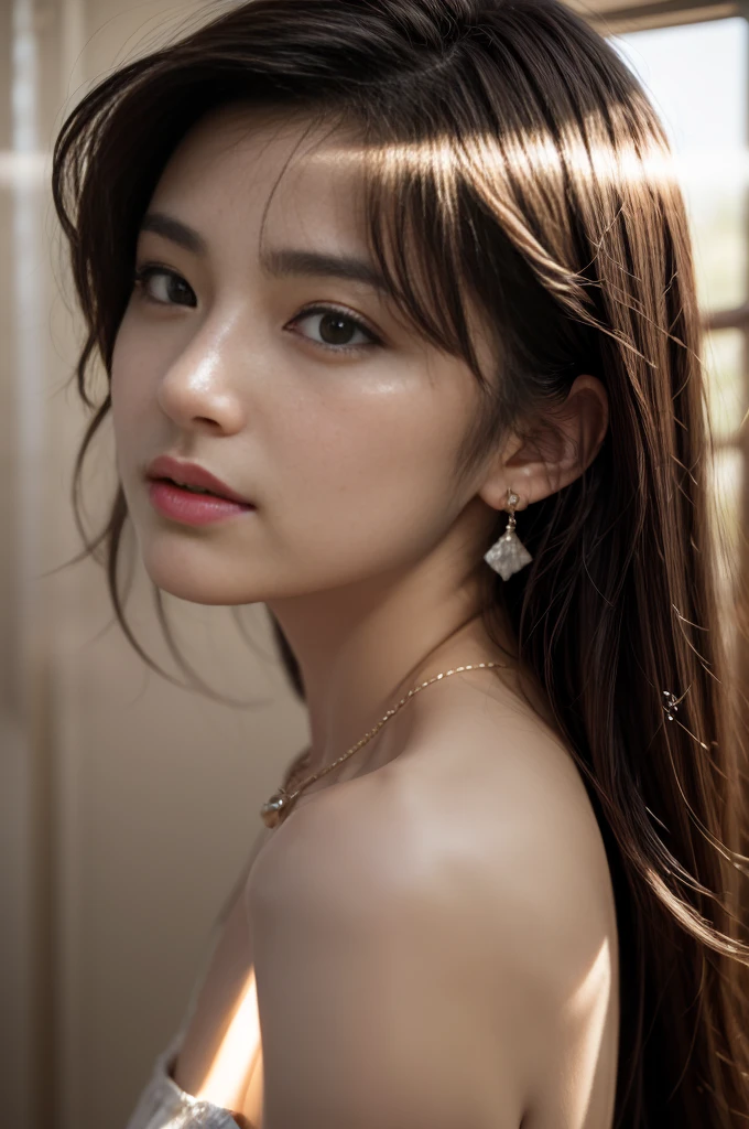 (Photoreal Stick:1.5, masutepiece:1.5, 8K), (top-quality, ​masterpiece, 超A high resolution), ((fog the lens:1.5)), ((reflect light onto the lens:1.5)), ((Shoot with blur:1.6)), (The woman looks hazy because of the bright light.:1.7, The whole thing looks white and hazy:1.7), (sunrises, Sunlight coming in from behind:1.5, The sunlight of the morning sun spreads across the screen:1.5), Face Sharp Focus:1.3, Professional camera work:1.3, Highly detailed skin and facial texture:1.3, Grow Light Effect, The ultra-detailliert:1.3, 1girl in, Fair skin, (Sense of clarity:1.4, a small face), Extremely beautiful face:1.5, (Sense of clarityを感じる目:0.9, looking distantly), Enraptured look:1.0, i love you completely:0.8, (Slightly open mouth:0.4, Sense of clarityを感じる口当たり:0.7), 二重まぶた, Dark brown medium hair, necklace and earrings, looking at viewert
