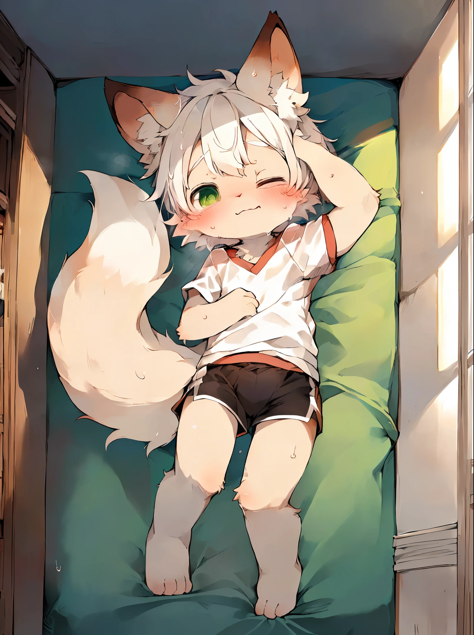 masutepiece, High quality, Absurd resolution, Digital Painting \ (The artwork \), By Dagasi, yupa, Kiyosan, (fluffy fur, White fur, Full body fur,), Male ,Shota,独奏,One subject,inside in room, Green eyes,Closing your eyes, White hair,1tail,foxes,kawaii,Sweating profusely all over the body,White gym clothes wet with sweat,kawaii顔,sweaty clothes,Shorts,Bare legged, Bright eyes,4 Other ,the panorama, Character Focus. Detailed background, cloud background,schools，Viewpoint from above