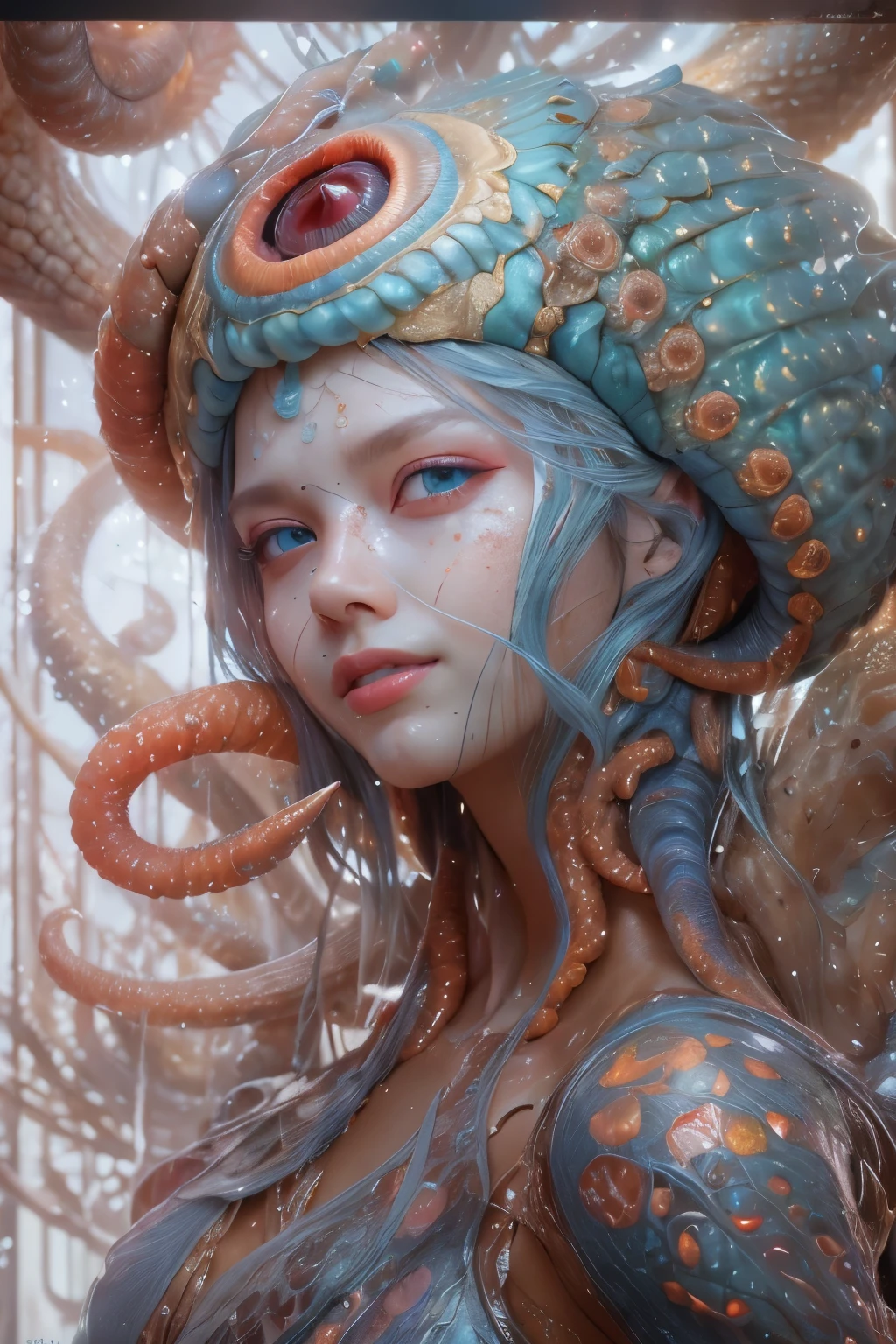 Portrait, (1 beautiful female alien:1.2), (There is a female genital-like organ in the middle of the forehead:1.8), (The most beautiful face in the history of the universe:1.2), (Scarlet eyes that shine mysteriously:1.6), (Translucent skin:1.8), an evil gaze that seduces, (red eyes:1.5), (large mouth:1.1), sharp teeth like a shark, Full body like, (bio luminescent:1.2), (Smile wickedly:1.3), (sexypose:1.5), alien, No humans, cells are fused, (Lots of translucent tentacles:1.1) (Translucent skin:1.3), extraterrestrial, cell, bio image, Best Quality, 8K,4K_quality, High Definition, Dramatic Lighting, masutepiece:1.5,cinematic quality, detail up, (Intricate details:1.2), High resolution, High Definition, drawing faithfully, (Thick eyebrows:1.2), Beautiful eyes with fine symmetry, (Ultra detailed eyes:1.2),(Highly detailed face and eyes:1.2), (High-resolution red-eye:1.4), Intimate face, (Super detailed skin quality feeling:1.4), Perfect Anatomy, (Beautiful toned body:1.5), (Moist skin:1.2), No makeup, (dark circles:1.1), long canines, cinematic drawing of characters, ultra high quality model, cinematic quality, detail up, (Intricate details:1.2), High resolution, High Definition, drawing faithfully, Official art, Unity 8K wall , 8K Portrait, Best Quality, Very High resolution, ultra detailed artistic photography, midnight aura, unreal enginee 5, Ultra Sharp Focus, art by alberto seveso, ArtGerm, Roisch, intricate artwork, best quality, masutepiece, ultra High resolution, (photos realistic:1.4), Ultra-realistic realism, dream-like, nautilus, Creation of fantasy, Snail, Dream Snail, (biopunk nautilus:1.3), Thrilling color schemes, Ultra-realistic realism, seductively smiling, Blue tentacles