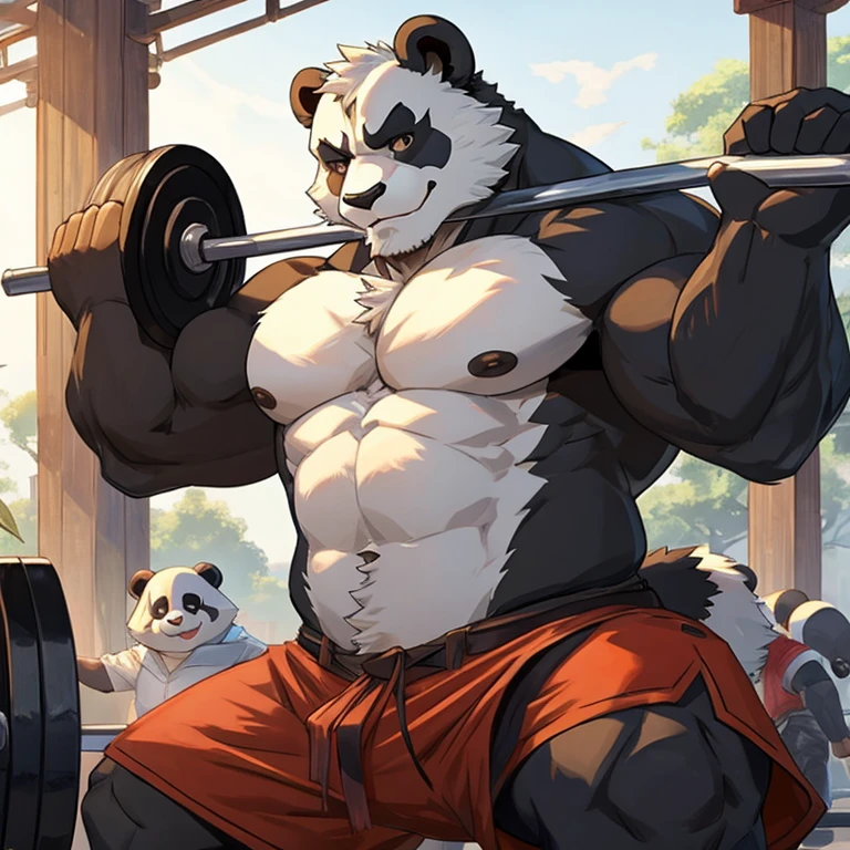 a panda,stronagnificent,Detailed character details,lifting weights,tosen,Hideous