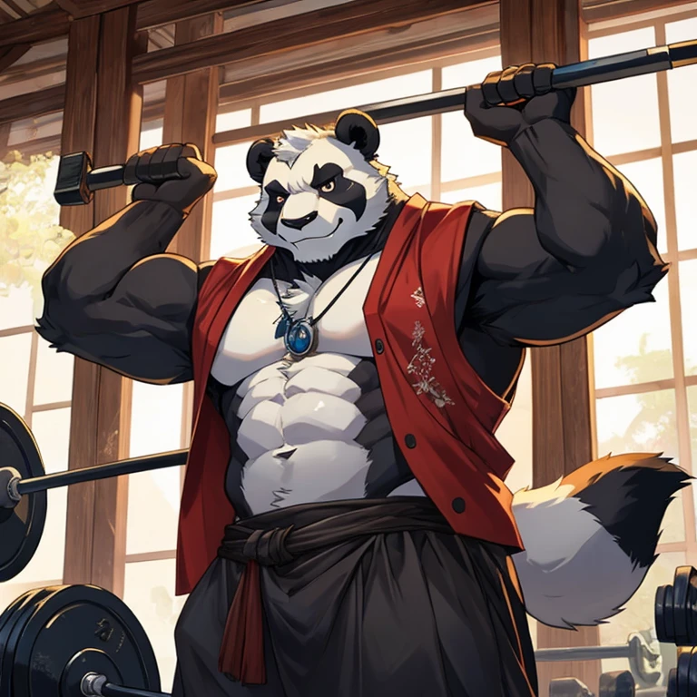 a panda,stronagnificent,Detailed character details,lifting weights,tosen,Hideous