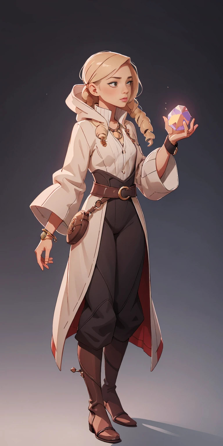 mstoconcept art, european and american cartoons, game character design, solo, 1girl, MAGICIAN, FEMALE FOCUS, GRAY BACKGROUND, WIZARD, FULL BODY, STANDING, HOOD, ROBE, MILF, JEWELRY, LONG BLONDE HAIR, BRACELET, WIDE SLEEVES, WOMAN, BELT, GEMSTONE, LONG SLEEVES, FEMALE VERSION